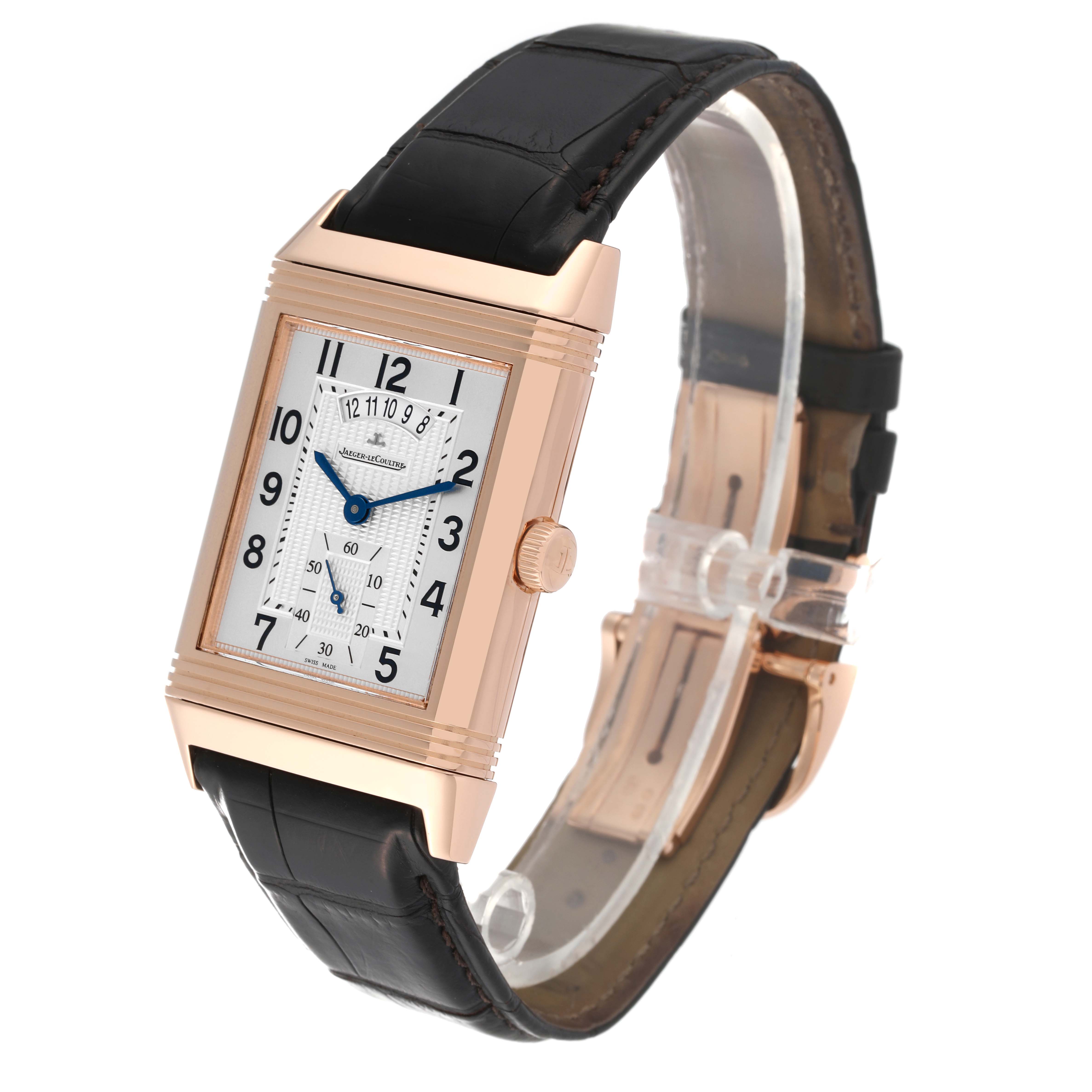 This image shows the Jaeger LeCoultre Reverso Q3742421 Men's Rose Gold Silver Dial Q3742421 Men's Rose Gold Silver Dial watch at a three-quarter angle, highlighting its face, case, crown, and leather strap.