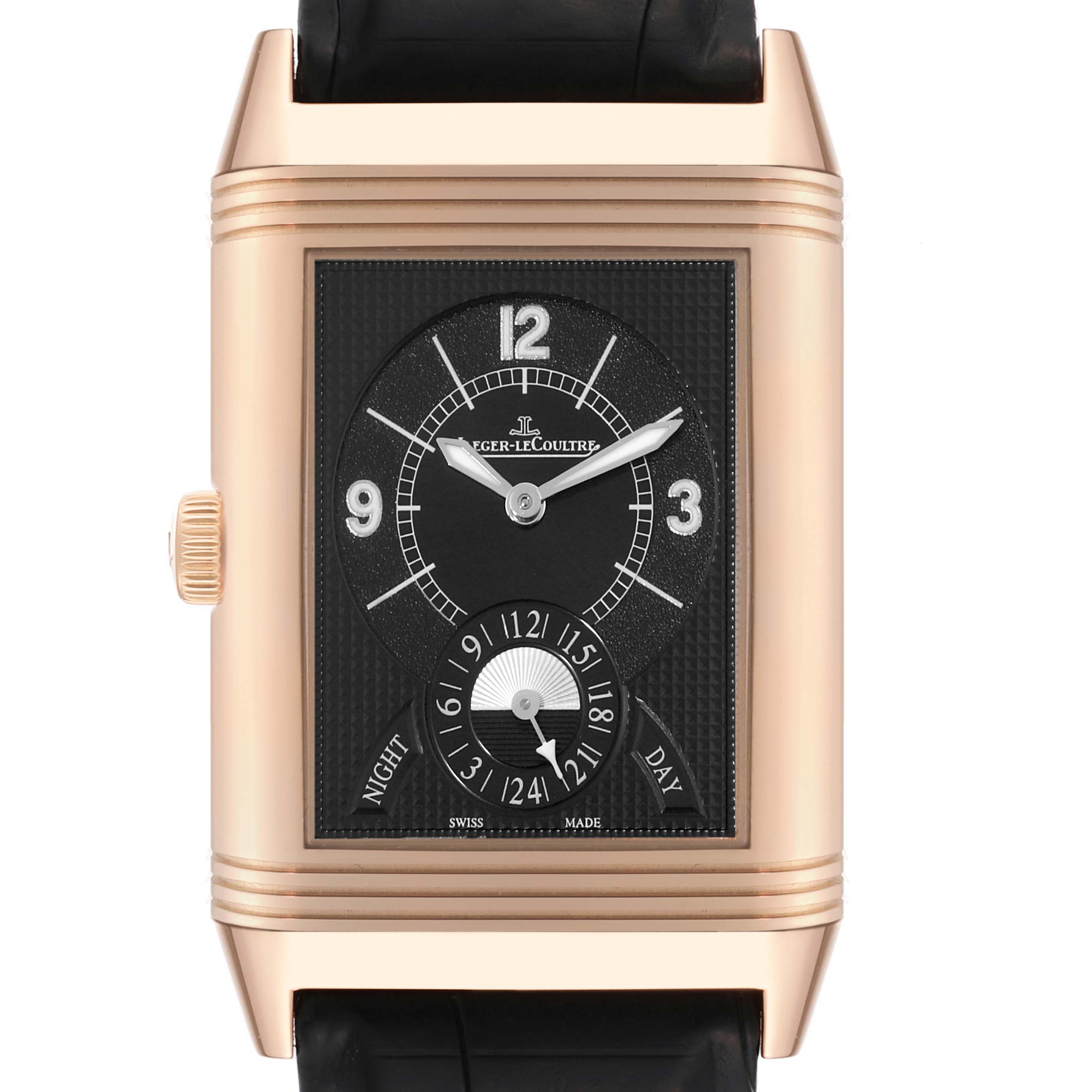 This image shows a front view of a Jaeger LeCoultre Reverso Q3742421 Men's Rose Gold Silver Dial Q3742421 Men's Rose Gold Silver Dial watch, highlighting its dial, hands, day-night indicator, and rectangular case.