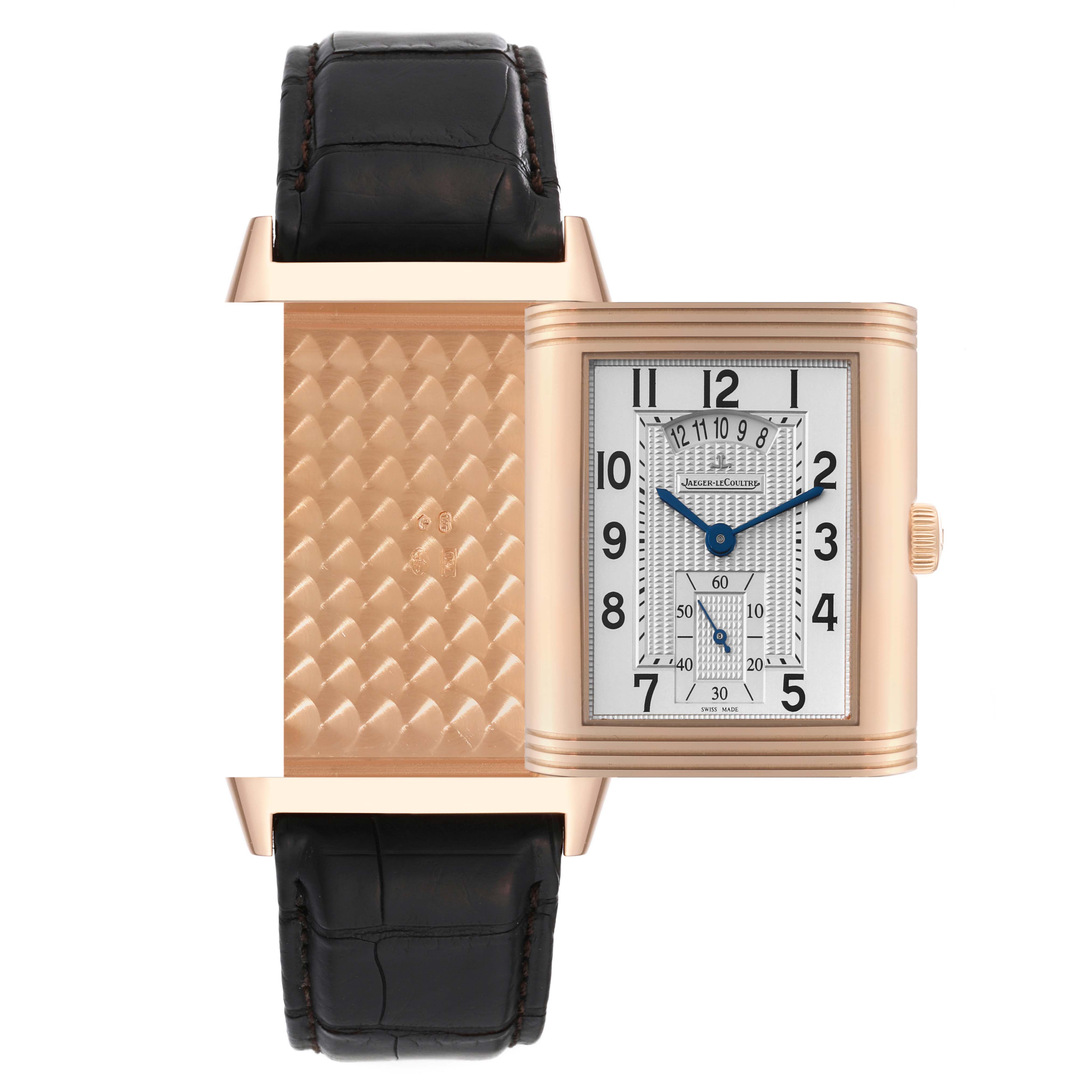 The image shows the Jaeger LeCoultre Reverso Q3742421 Men's Rose Gold Silver Dial Q3742421 Men's Rose Gold Silver Dial watch from the front, highlighting its reversible case, dial, and strap.