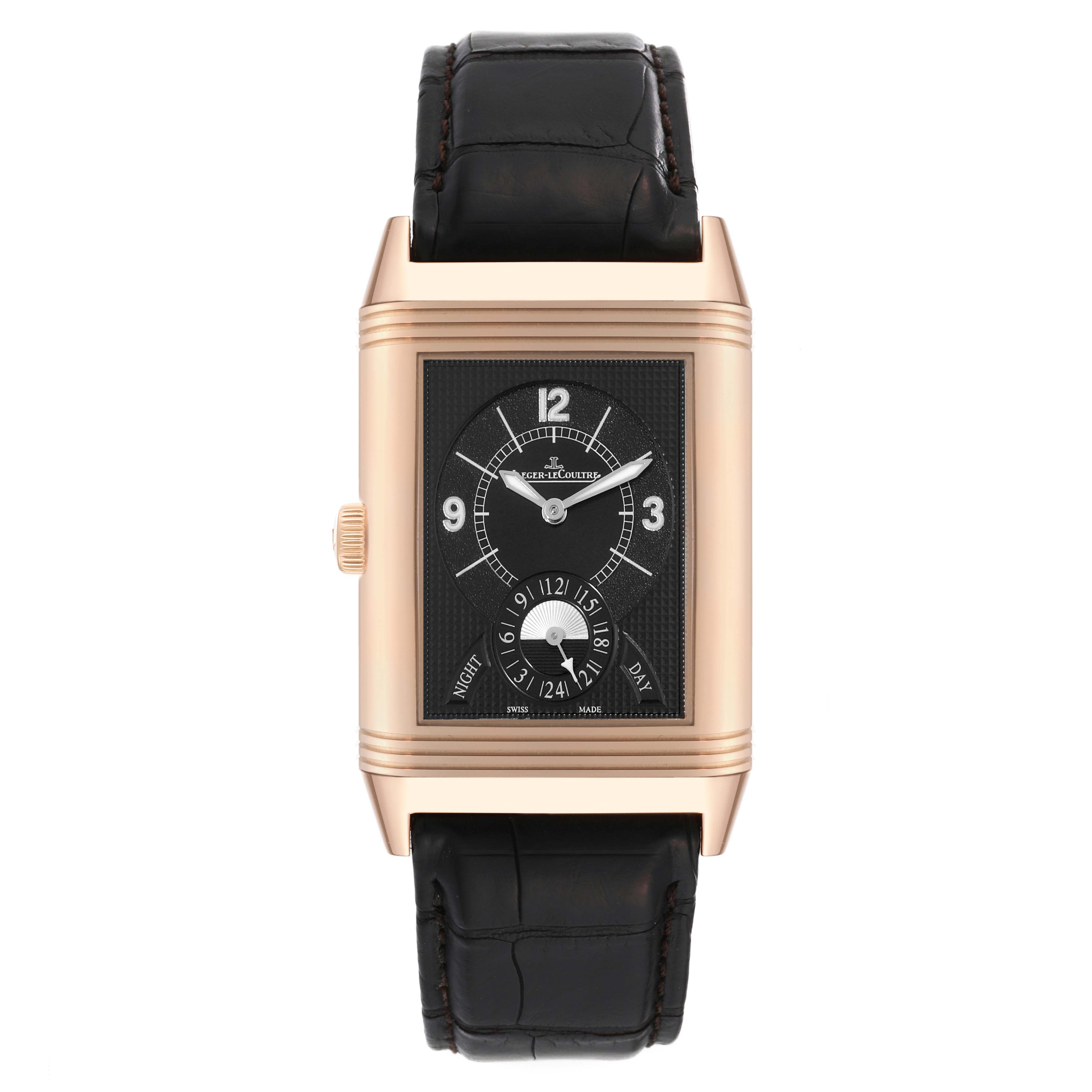 This image shows the front view of a Jaeger LeCoultre Reverso Q3742421 Men's Rose Gold Silver Dial Q3742421 Men's Rose Gold Silver Dial watch, displaying its face, hands, crown, and leather strap.