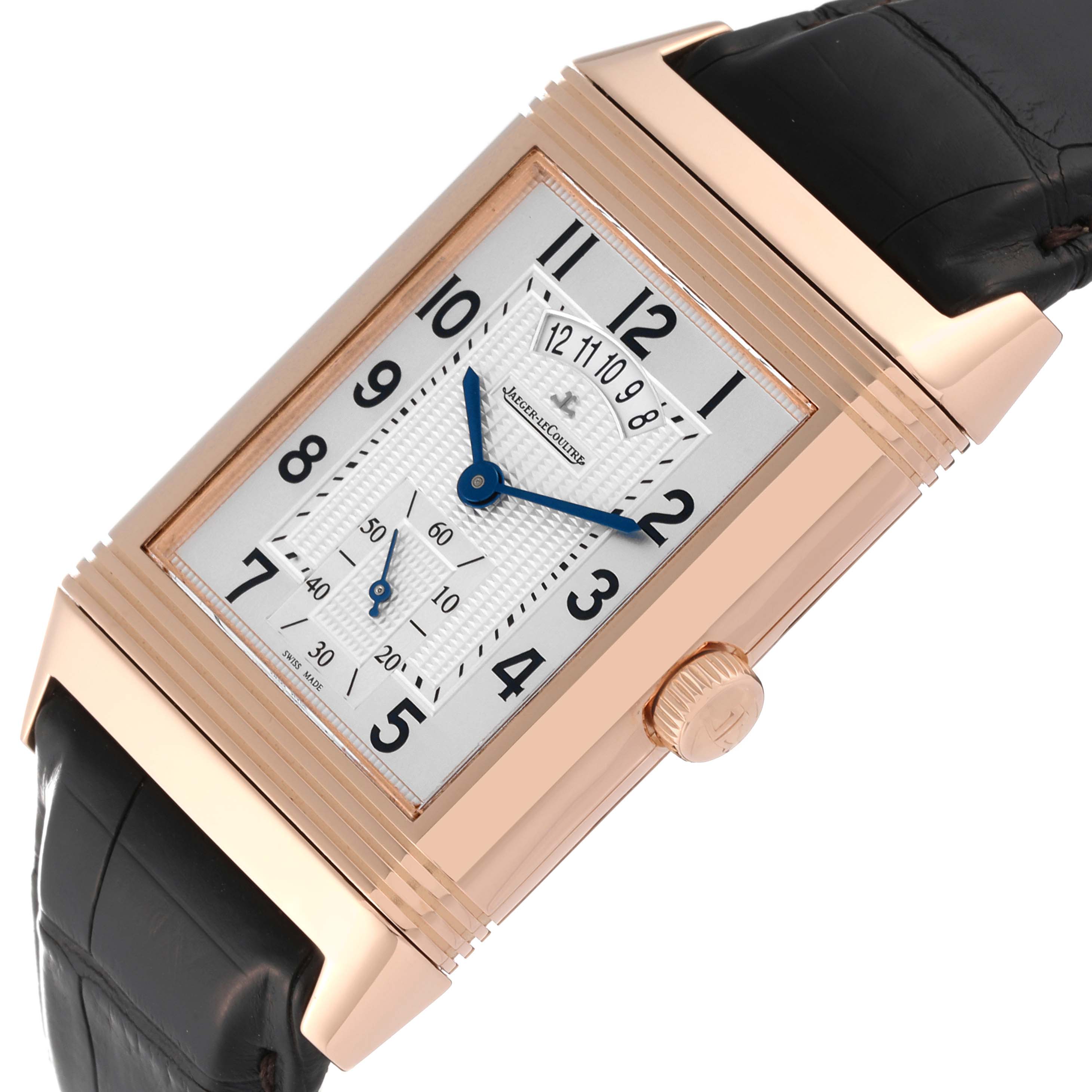 The Jaeger LeCoultre Reverso Q3742421 Men's Rose Gold Silver Dial Q3742421 Men's Rose Gold Silver Dial watch is displayed at an angle, showing the dial, crown, and leather strap.