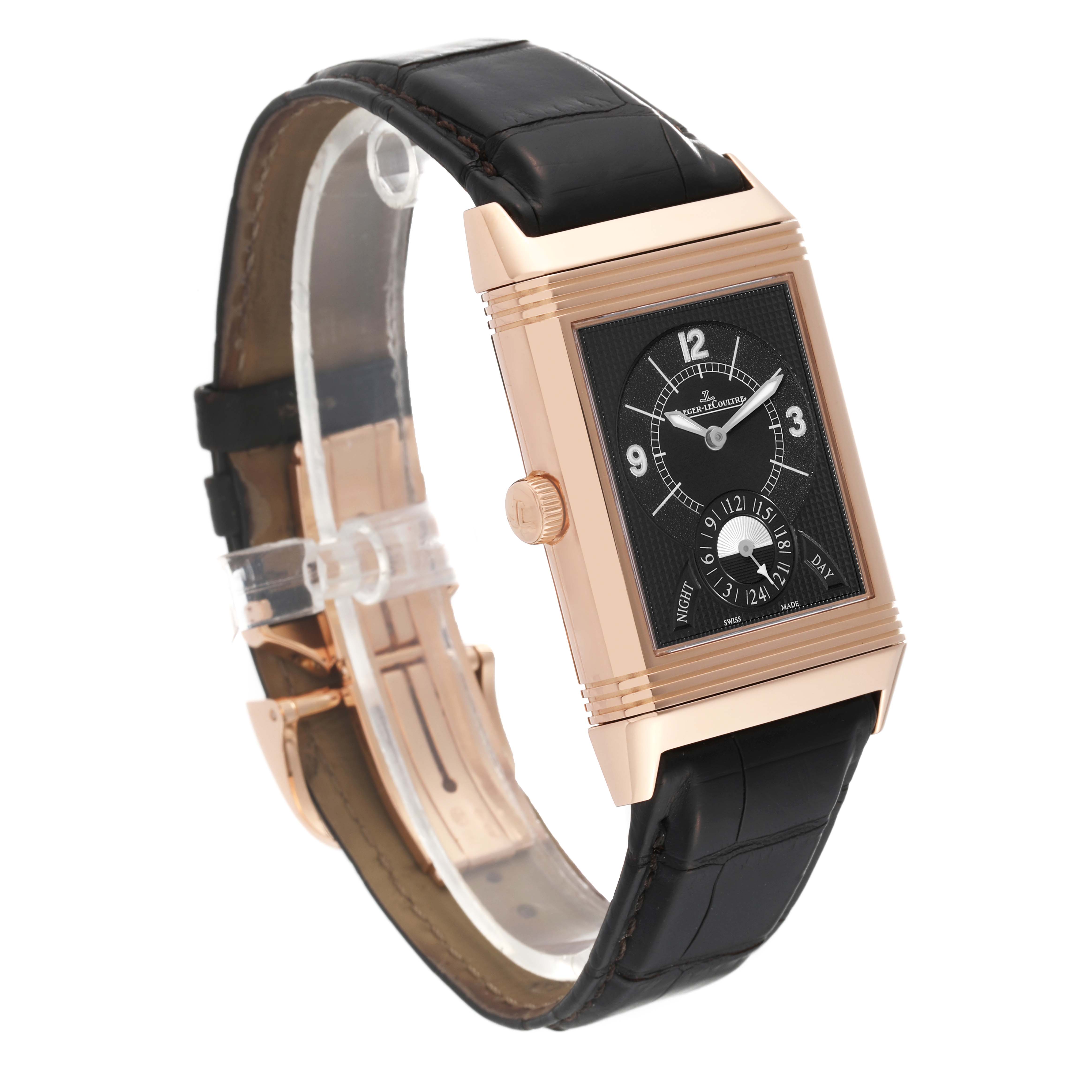 The image shows a Jaeger LeCoultre Reverso Q3742421 Men's Rose Gold Silver Dial Q3742421 Men's Rose Gold Silver Dial watch from a front angle, highlighting its face, crown, and strap.