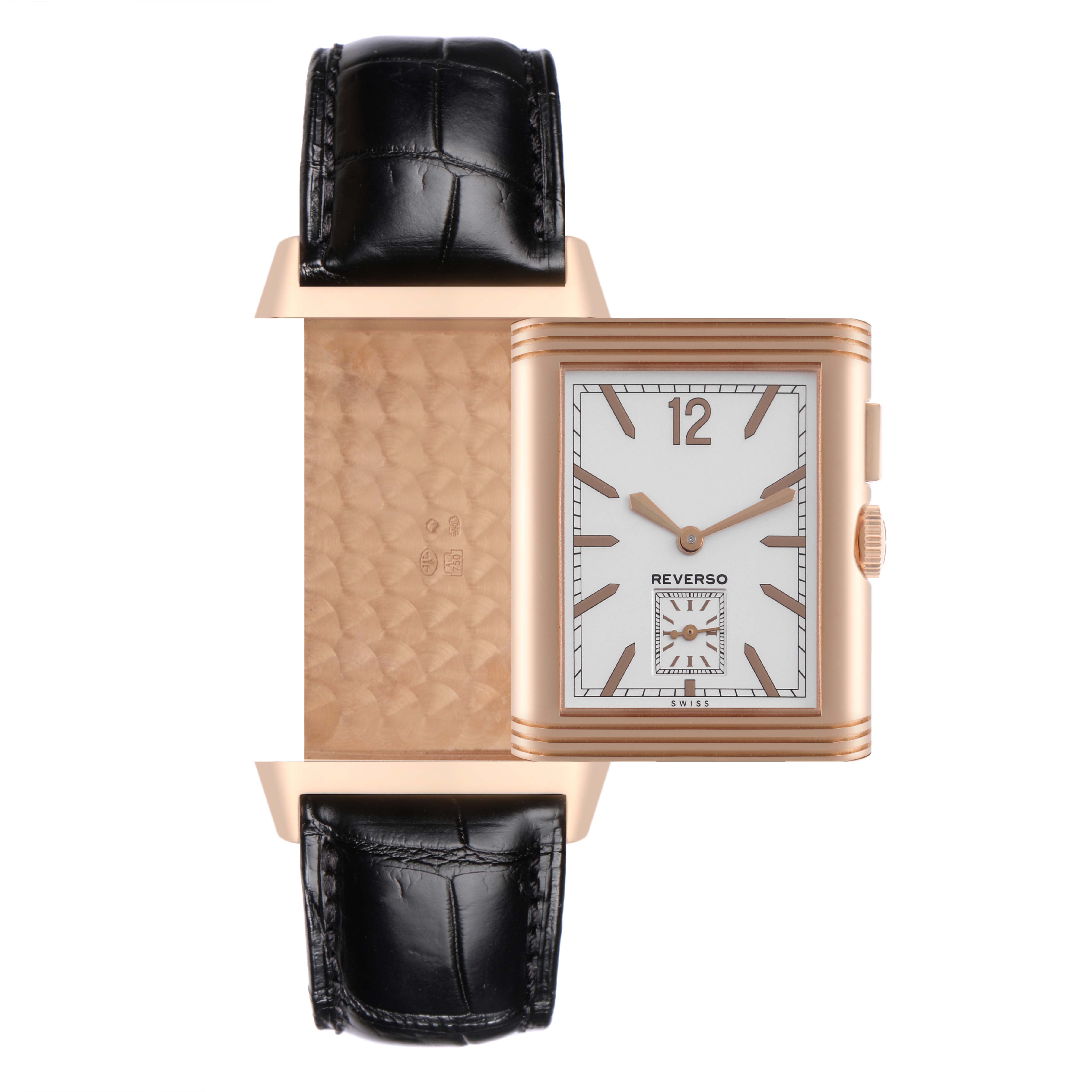 The Jaeger LeCoultre Reverso Q3782520 Men's Rose Gold Silver Dial Q3782520 Men's Rose Gold Silver Dial watch is displayed with its reversible case open, showing both the dial and the decorated back.