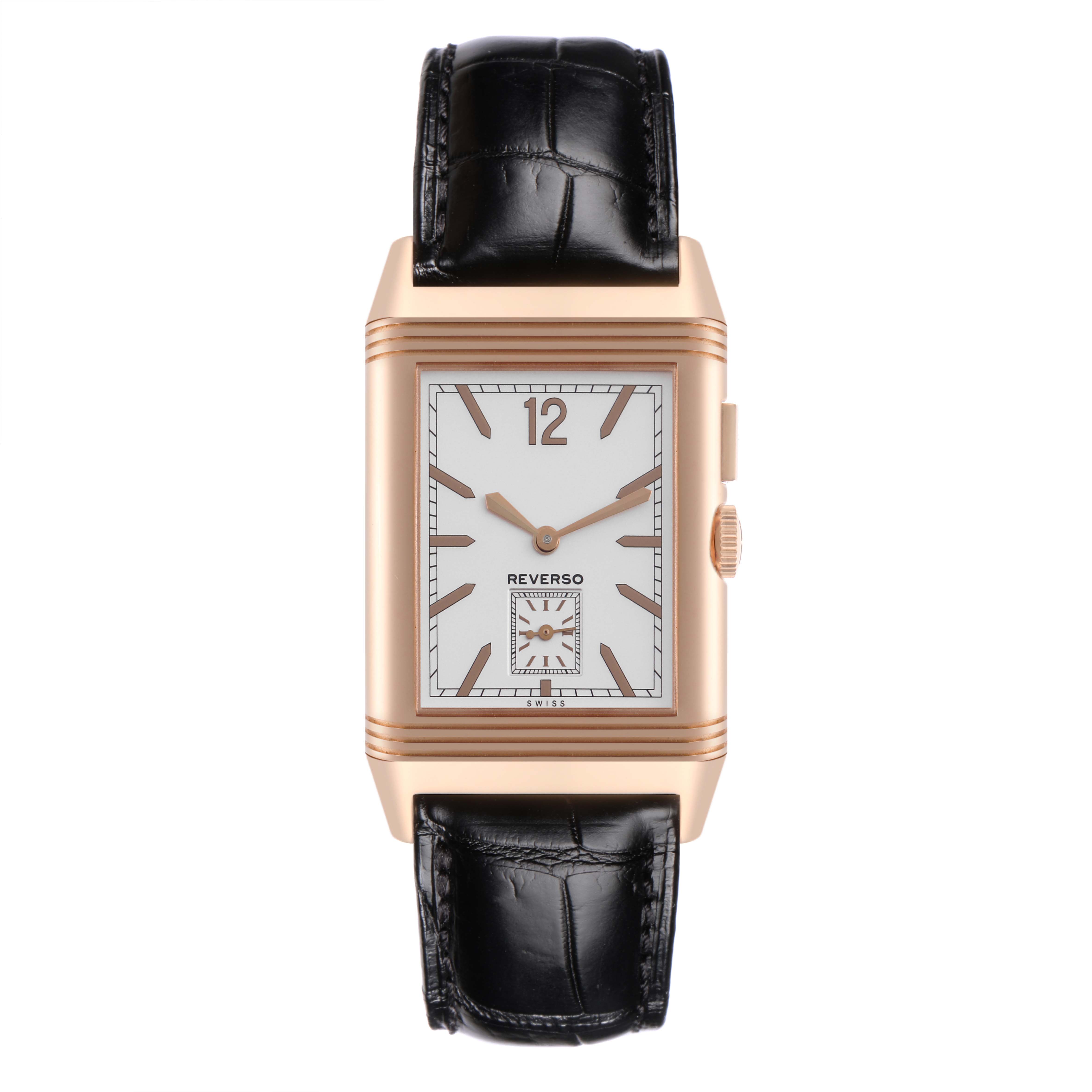 The Jaeger-LeCoultre Reverso watch is shown from the front, highlighting the rectangular dial, strap, and crown on the right side.