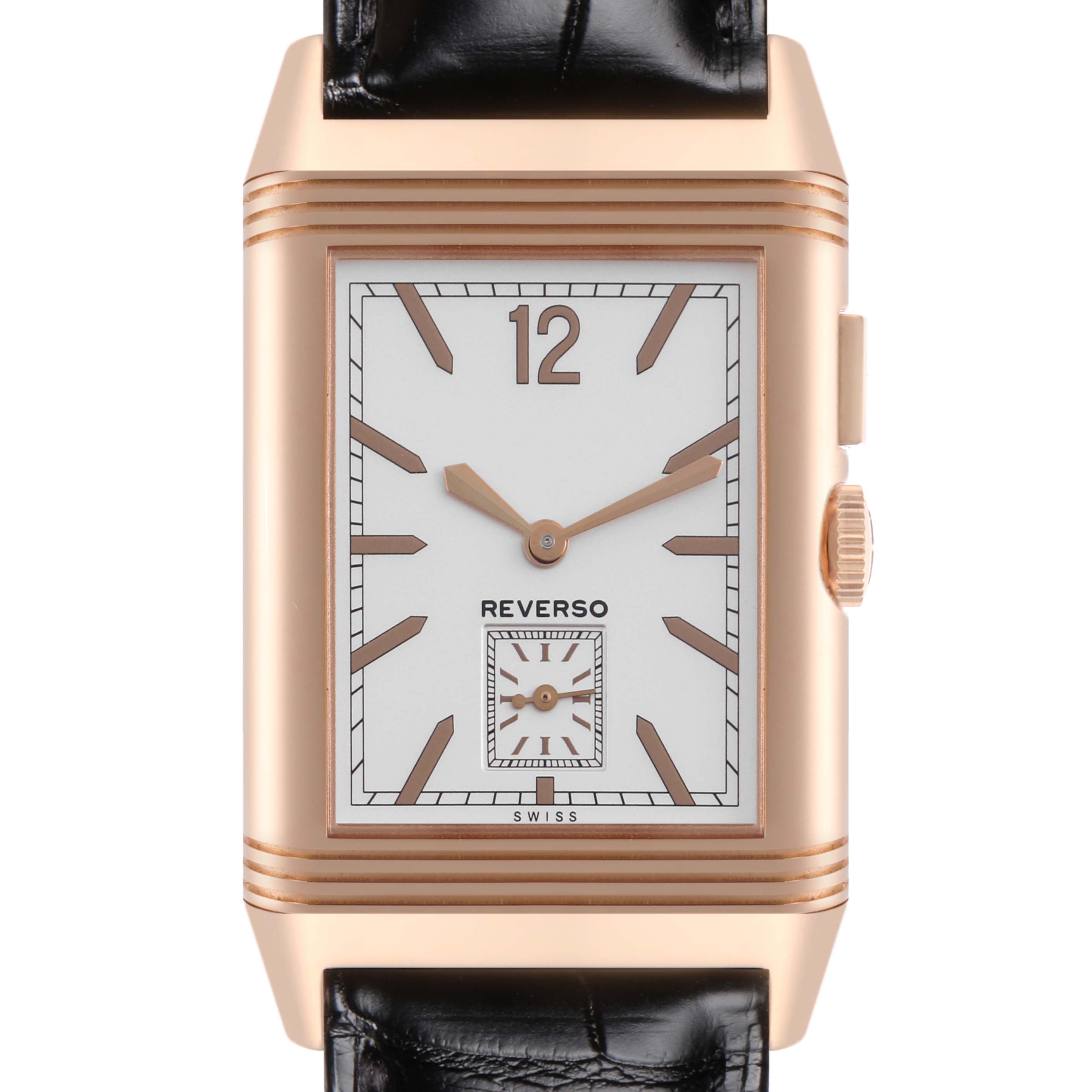 The Jaeger LeCoultre Reverso Q3782520 Men's Rose Gold Silver Dial Q3782520 Men's Rose Gold Silver Dial watch is shown from the front, displaying the dial, crown, and part of the strap.