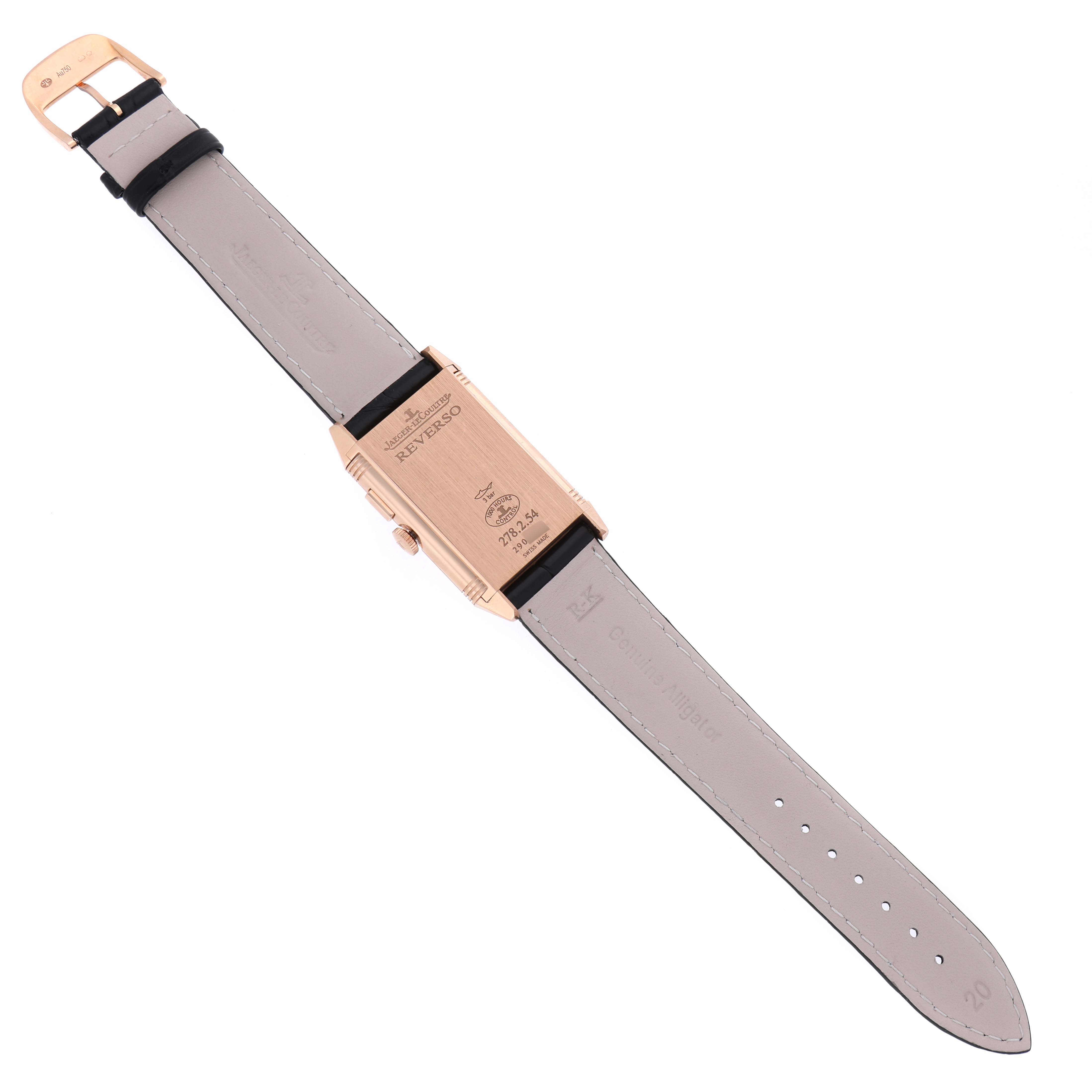 The Jaeger LeCoultre Reverso Q3782520 Men's Rose Gold Silver Dial Q3782520 Men's Rose Gold Silver Dial watch is shown from the back, displaying the strap and case.