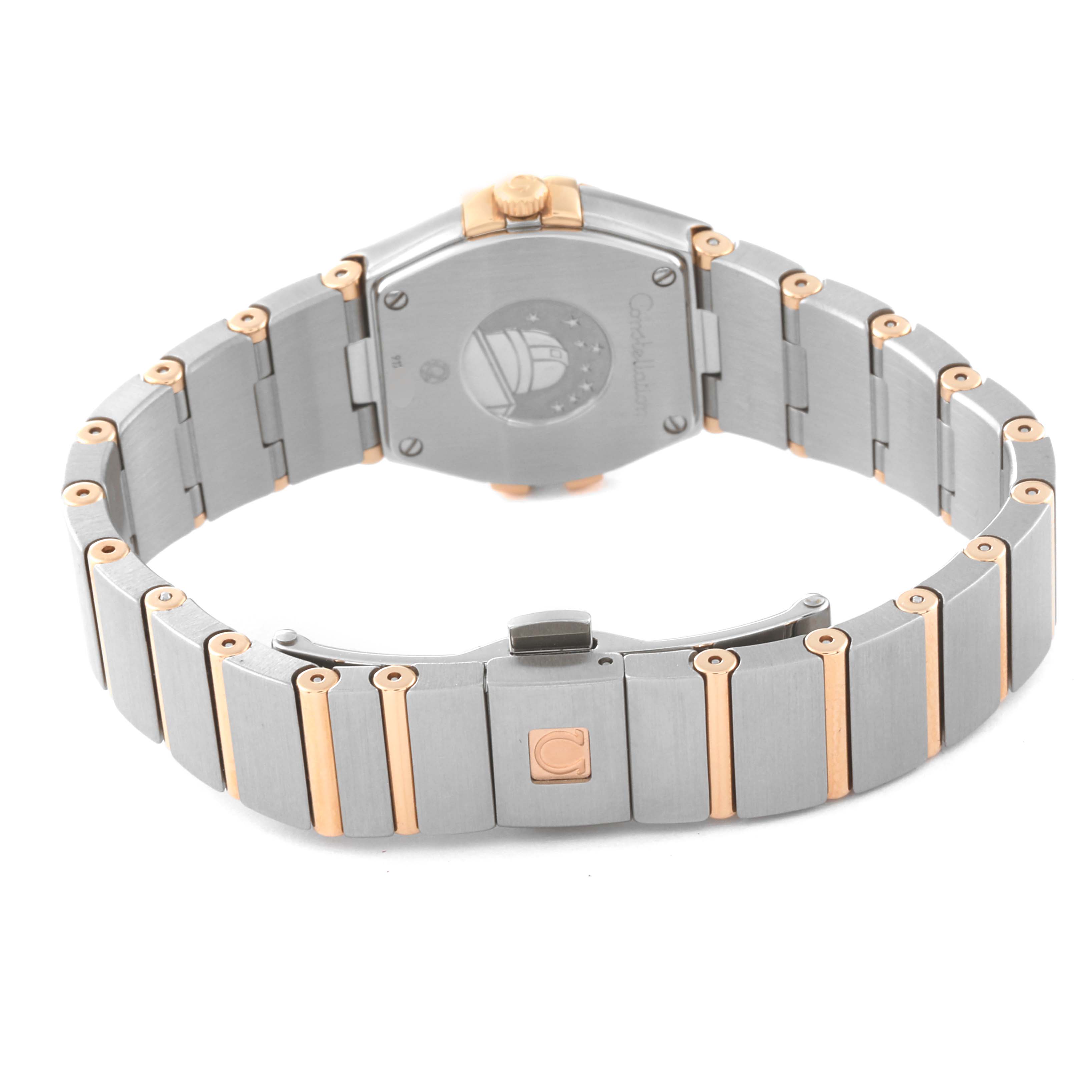 The image shows the back view and bracelet of the Omega 123.25.24.60.05.002 Women's Steel and Gold (two tone) Mother of Pearl Dial 123.25.24.60.05.002 Women's Steel and Gold (two tone) Mother of Pearl Dial Constellation Star Steel Rose Gold Diamond Ladies Watch model 123.25.24.60.05.002.