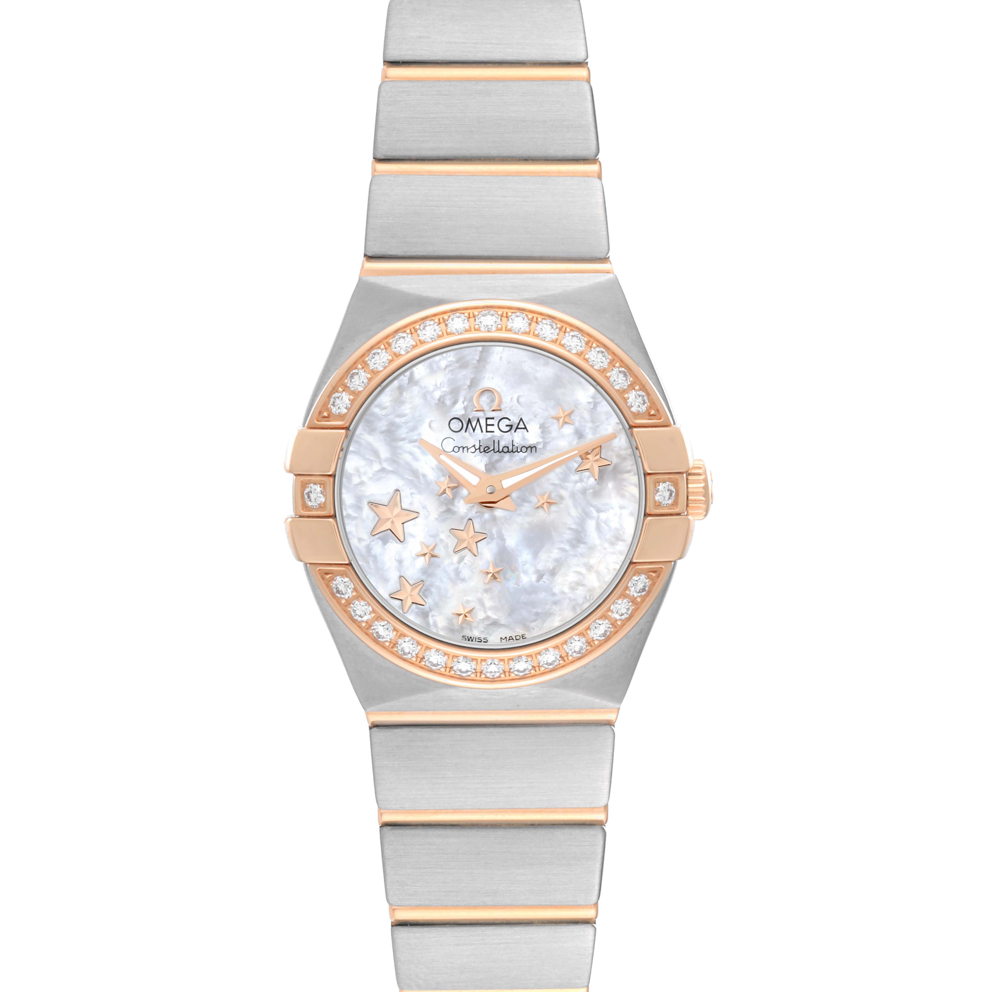 The image shows a front view of the Omega 123.25.24.60.05.002 Women's Steel and Gold (two tone) Mother of Pearl Dial 123.25.24.60.05.002 Women's Steel and Gold (two tone) Mother of Pearl Dial Constellation Star Steel Rose Gold Diamond Ladies Watch, model 123.25.24.60.05.002, displaying its face and bracelet.