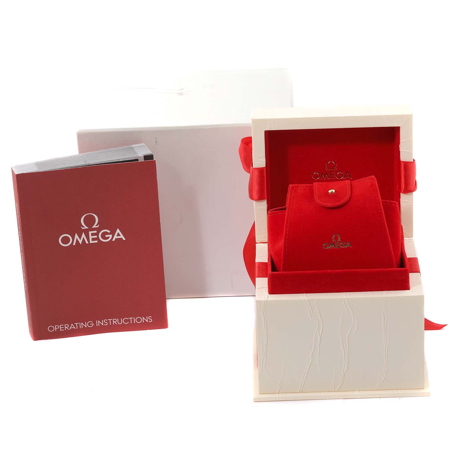 The image shows the packaging, instruction manual, and red velvet case for the Omega 123.25.24.60.05.002 Women's Steel and Gold (two tone) Mother of Pearl Dial 123.25.24.60.05.002 Women's Steel and Gold (two tone) Mother of Pearl Dial Constellation Star Steel Rose Gold Diamond Ladies Watch 123.25.24.60.05.002.