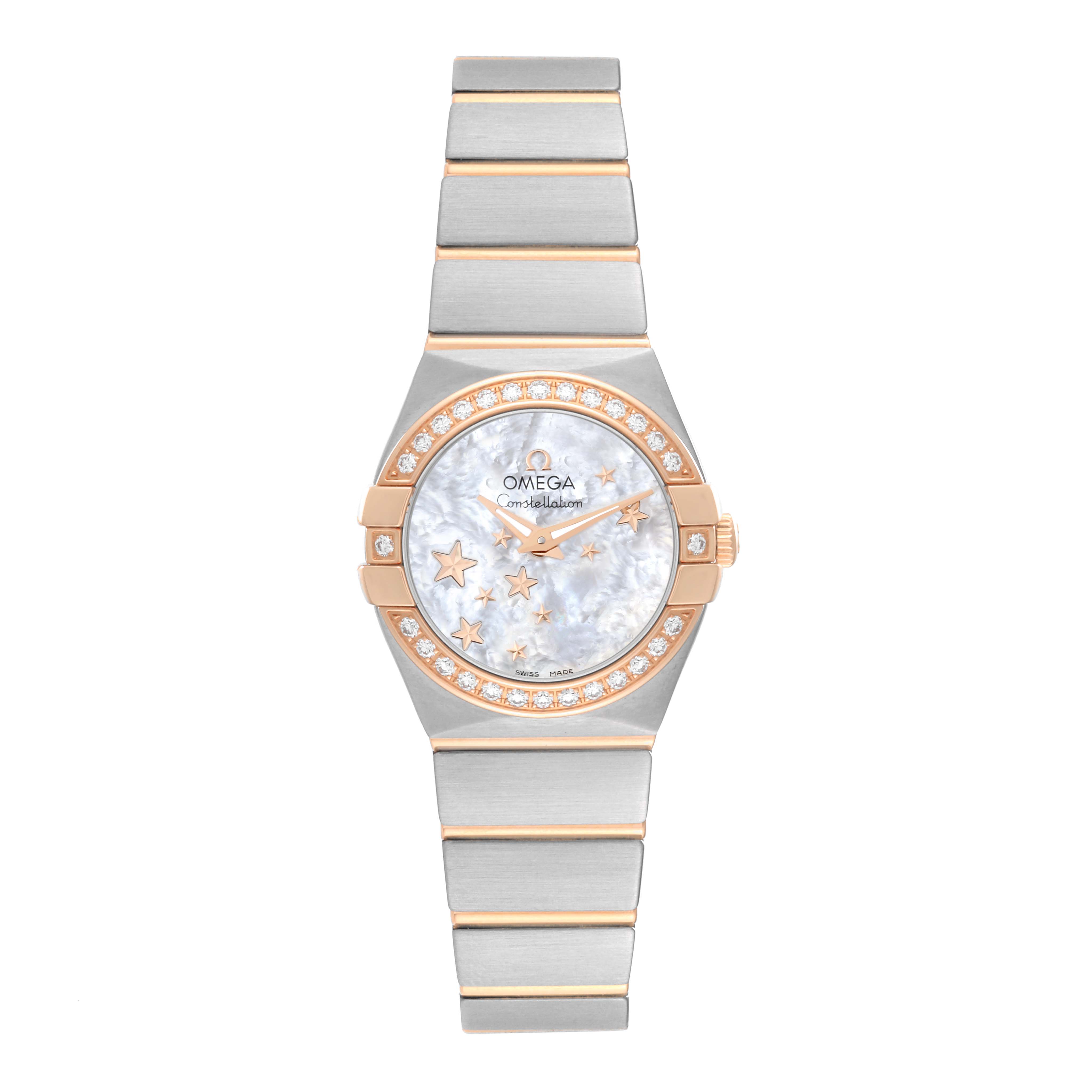 This image shows the front view of the Omega 123.25.24.60.05.002 Women's Steel and Gold (two tone) Mother of Pearl Dial 123.25.24.60.05.002 Women's Steel and Gold (two tone) Mother of Pearl Dial Constellation Star Steel Rose Gold Diamond Ladies Watch model 123.25.24.60.05.002.