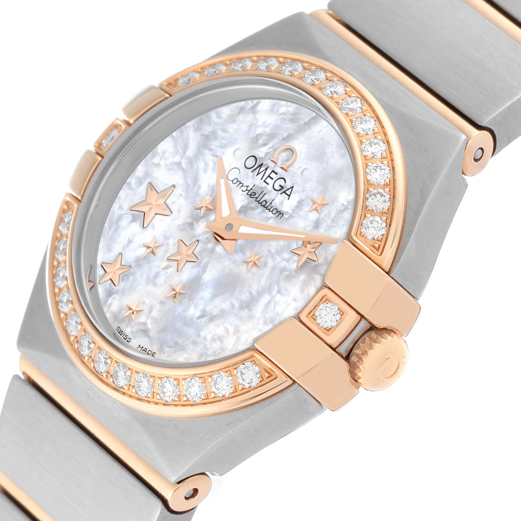 The Omega 123.25.24.60.05.002 Women's Steel and Gold (two tone) Mother of Pearl Dial 123.25.24.60.05.002 Women's Steel and Gold (two tone) Mother of Pearl Dial Constellation Star Steel Rose Gold Diamond Ladies Watch 123.25.24.60.05.002 is shown from an angled view, highlighting the face, bezel, and part of the strap.