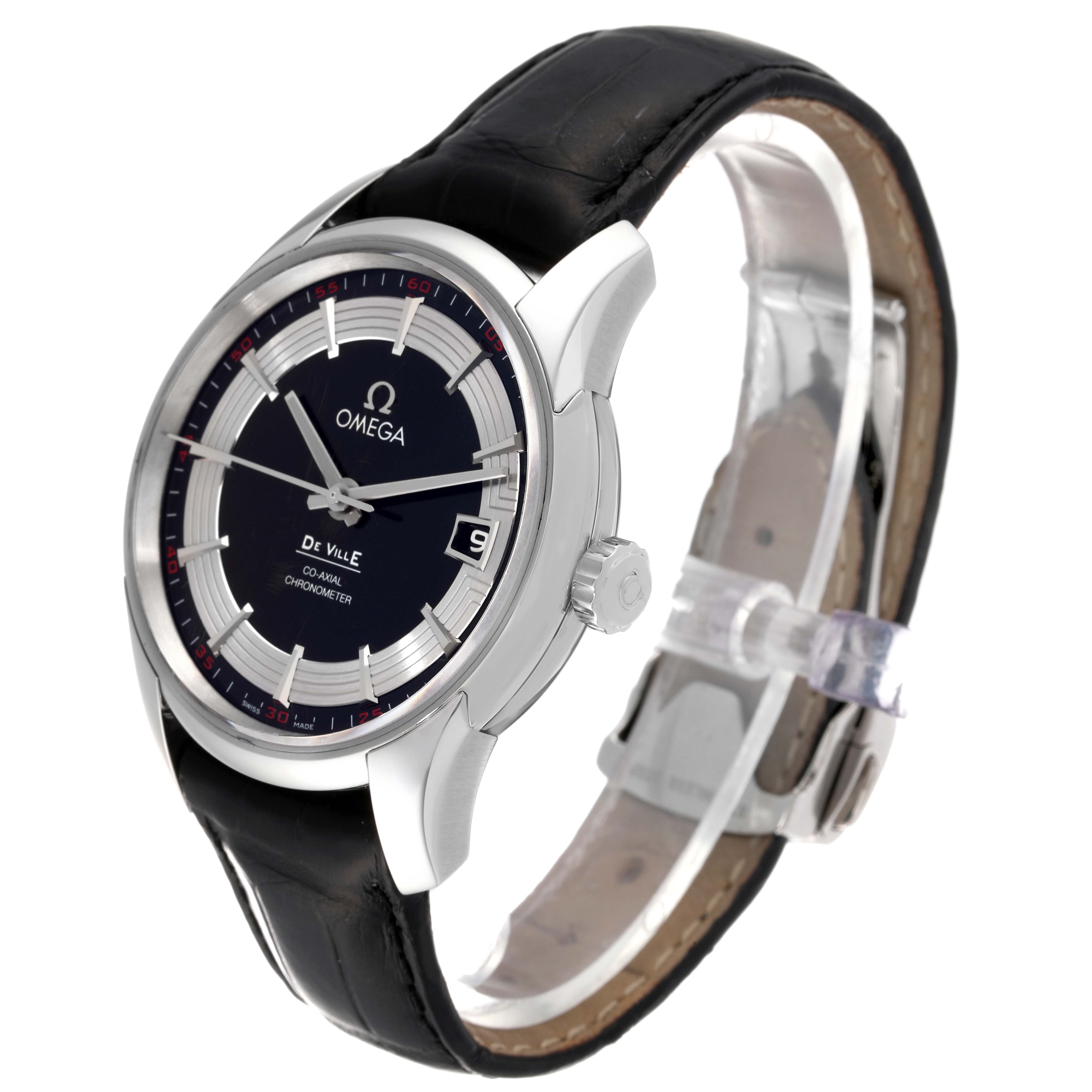 This image shows an angled side view of the Omega De Ville 431.33.41.21.01.001 Men's Stainless Steel Black Dial 431.33.41.21.01.001 Men's Stainless Steel Black Dial watch, focusing on its face, case, and leather strap.