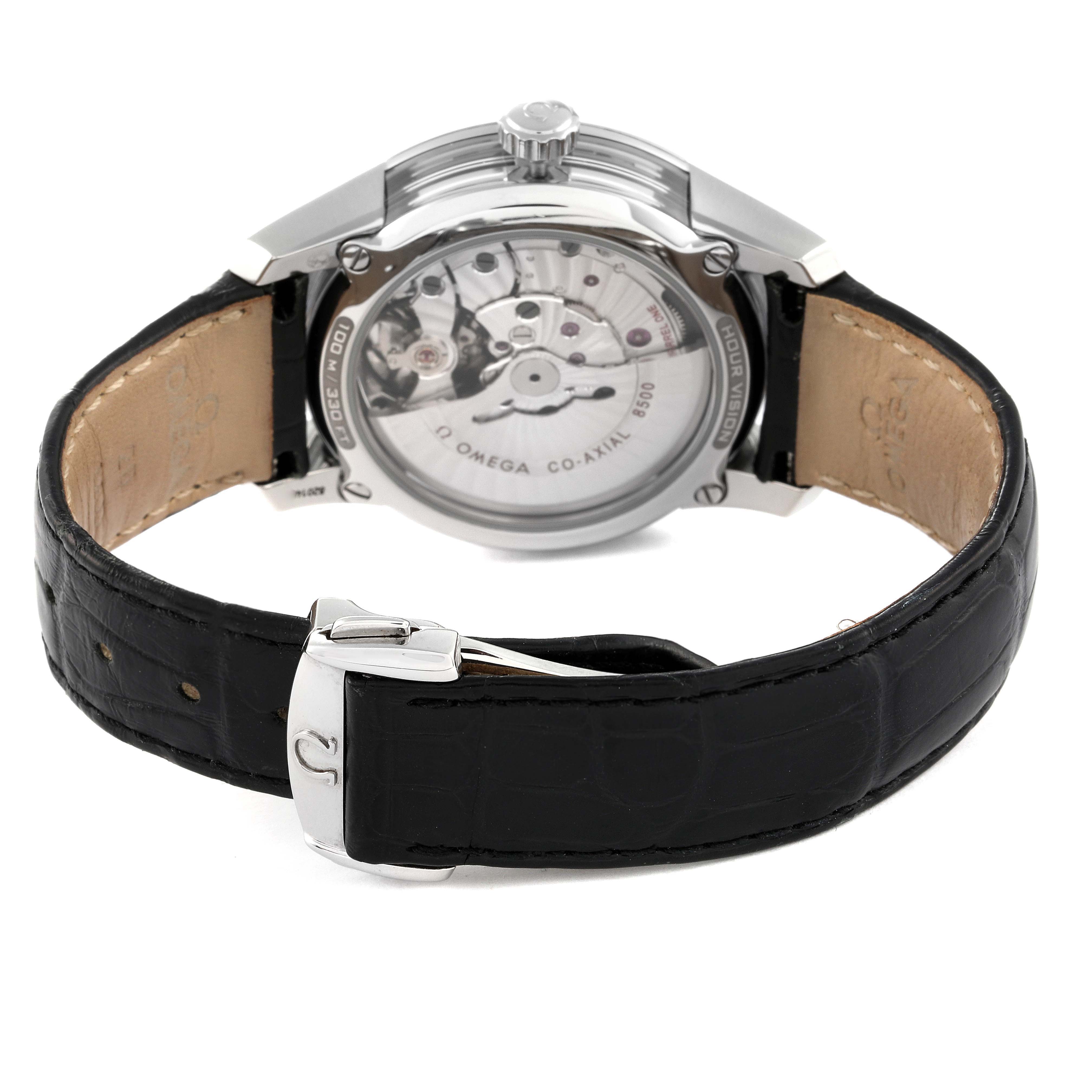 The image shows the back view of an Omega De Ville 431.33.41.21.01.001 Men's Stainless Steel Black Dial 431.33.41.21.01.001 Men's Stainless Steel Black Dial watch, highlighting its movement and black leather strap.