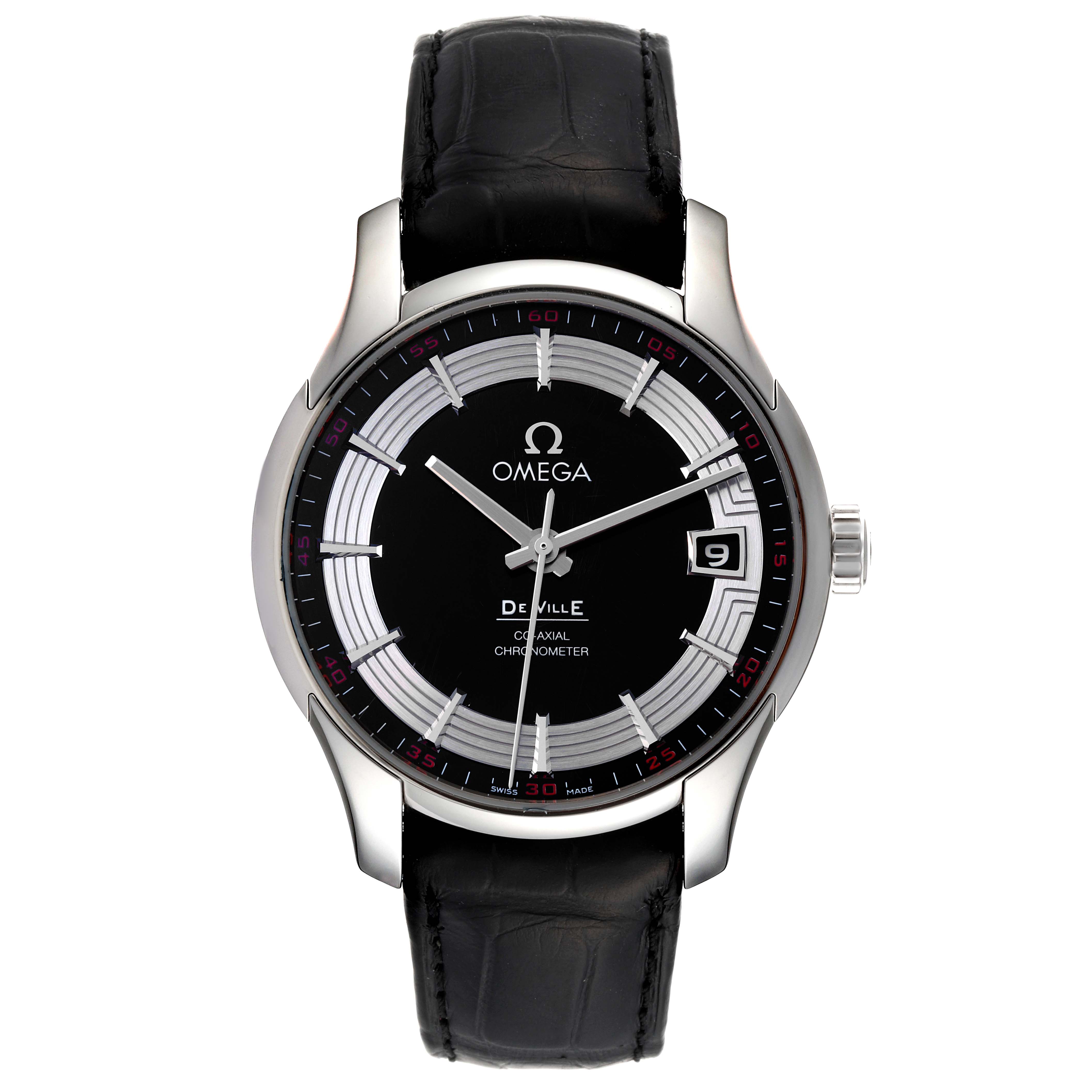 The image shows a front view of the Omega De Ville 431.33.41.21.01.001 Men's Stainless Steel Black Dial 431.33.41.21.01.001 Men's Stainless Steel Black Dial watch, featuring its black dial, date window, and black leather strap.