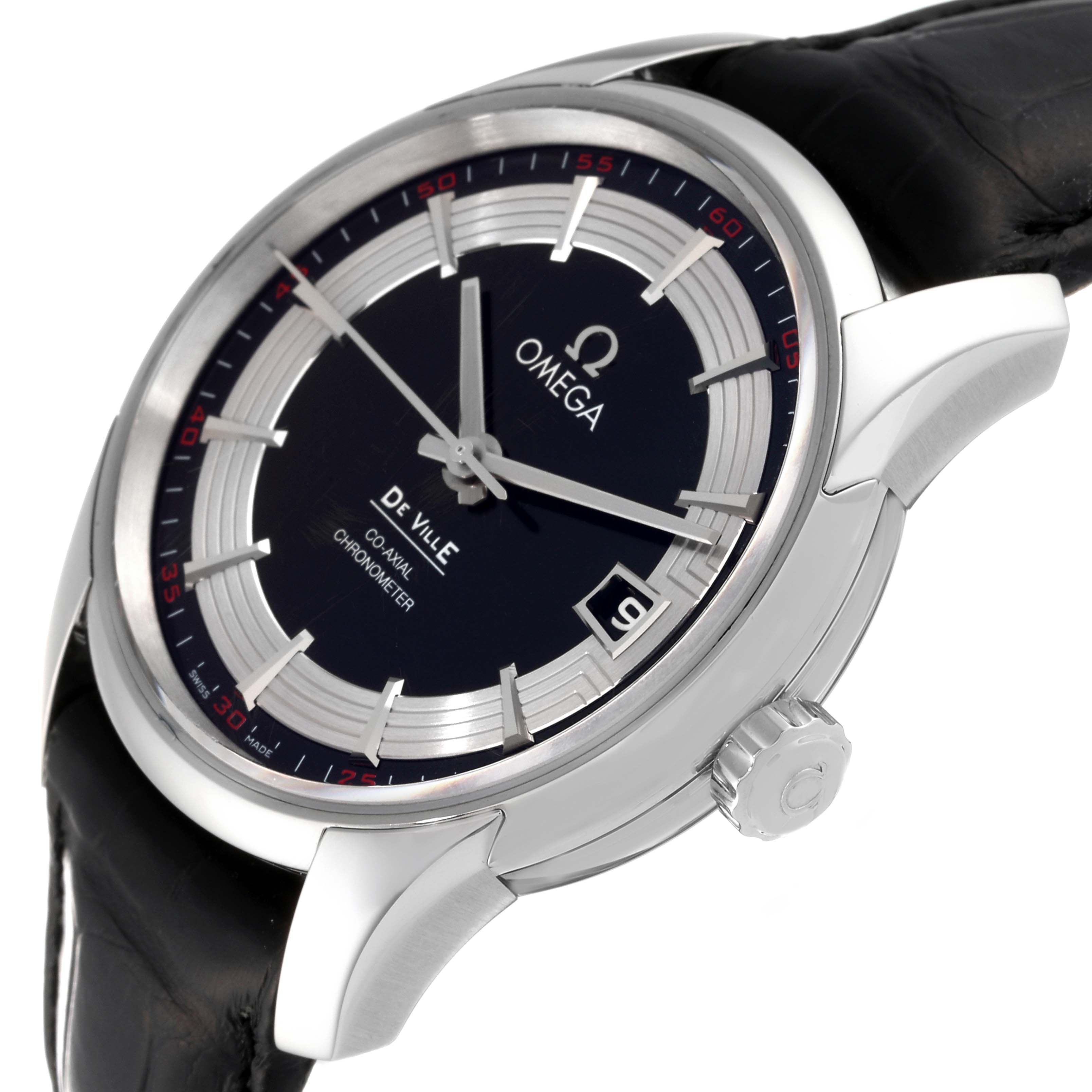 The image shows an angled side view of an Omega De Ville 431.33.41.21.01.001 Men's Stainless Steel Black Dial 431.33.41.21.01.001 Men's Stainless Steel Black Dial watch, including the dial, crown, and part of the strap.