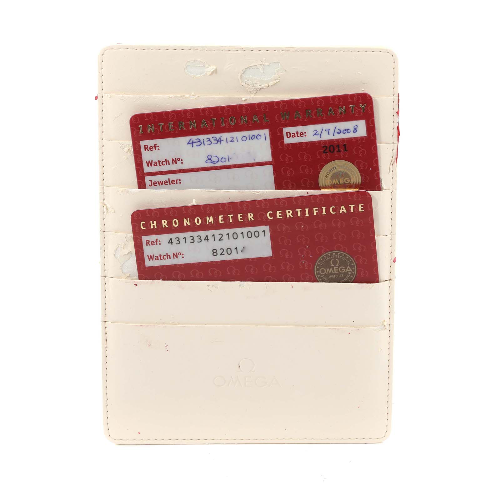 The image shows Omega De Ville 431.33.41.21.01.001 Men's Stainless Steel Black Dial 431.33.41.21.01.001 Men's Stainless Steel Black Dial watch's International Warranty and Chronometer Certificate cards in a white holder.