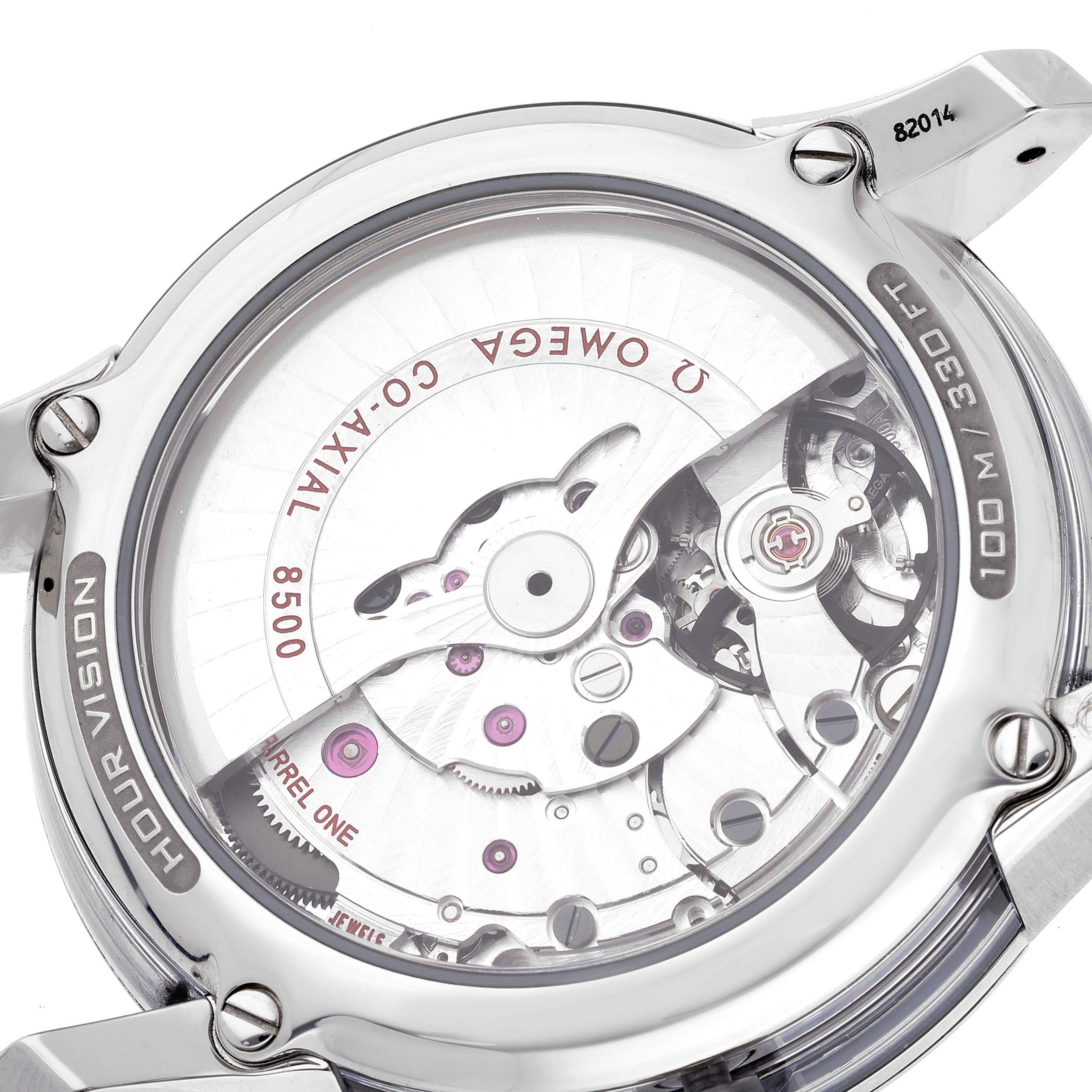 The image shows the back view of the Omega De Ville 431.33.41.21.01.001 Men's Stainless Steel Black Dial 431.33.41.21.01.001 Men's Stainless Steel Black Dial watch, highlighting the internal mechanical movement.