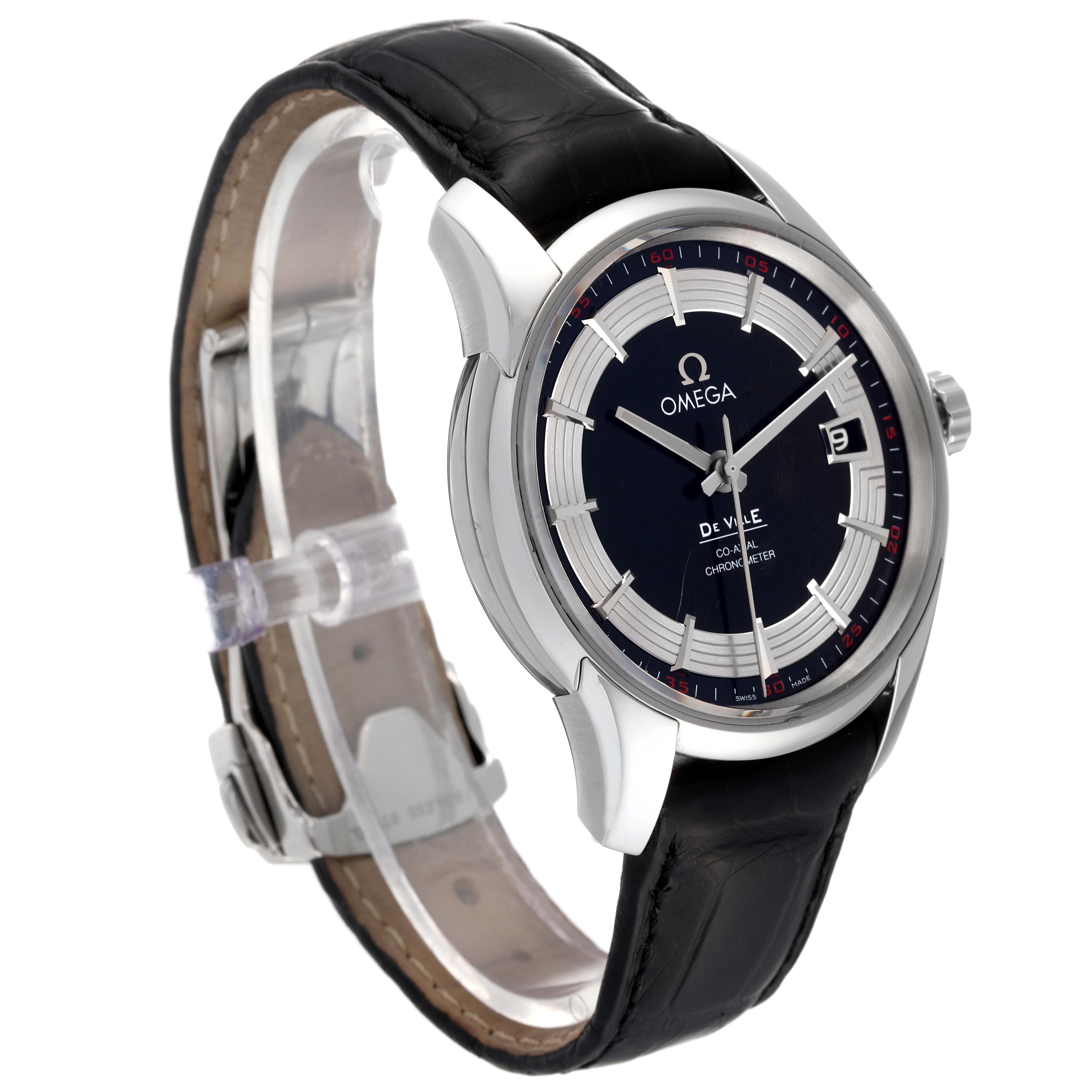 This image shows a side view of the Omega De Ville 431.33.41.21.01.001 Men's Stainless Steel Black Dial 431.33.41.21.01.001 Men's Stainless Steel Black Dial watch, highlighting its dial, case, and leather strap.