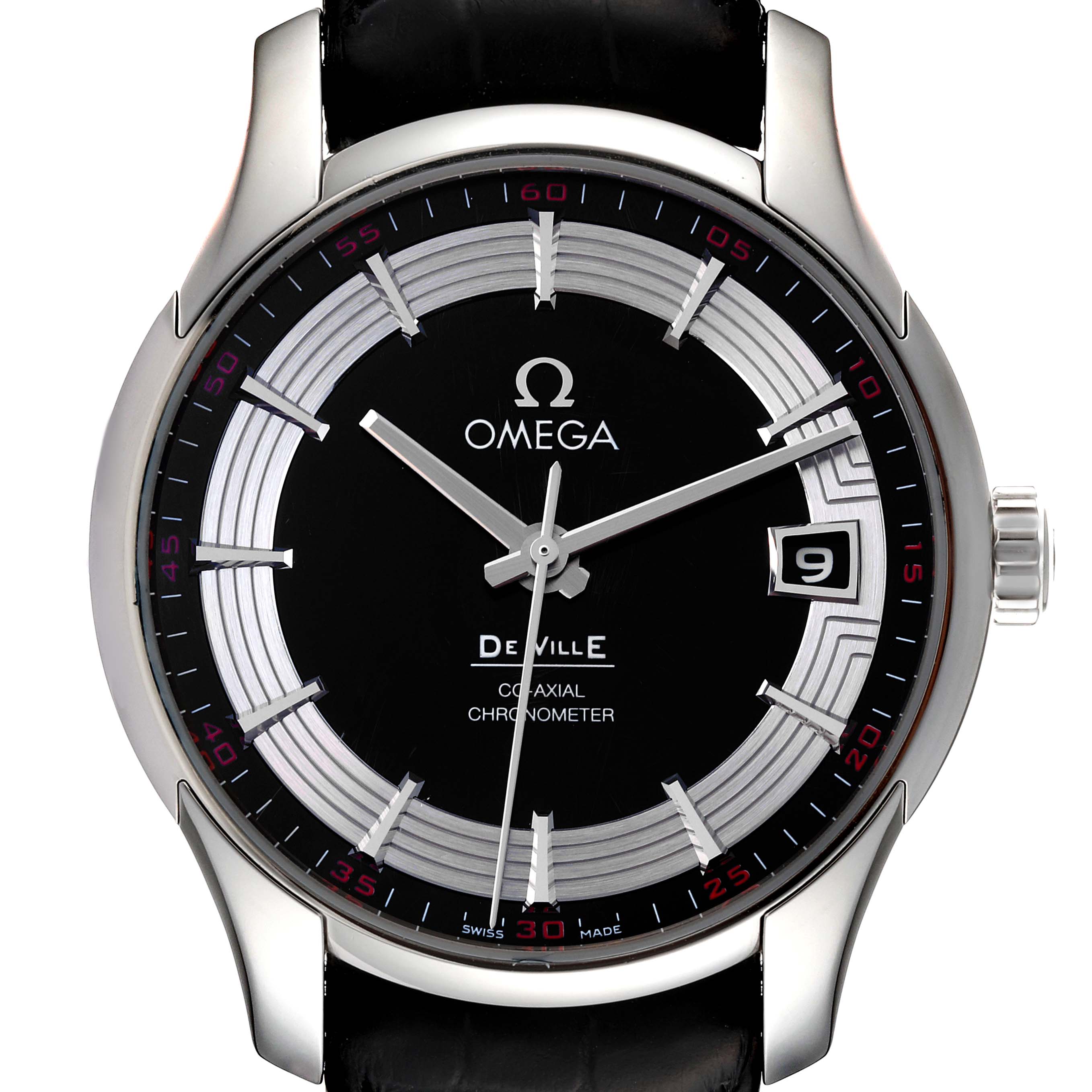 The image shows a front view of the Omega De Ville 431.33.41.21.01.001 Men's Stainless Steel Black Dial 431.33.41.21.01.001 Men's Stainless Steel Black Dial watch, displaying the dial, hands, case, and crown.
