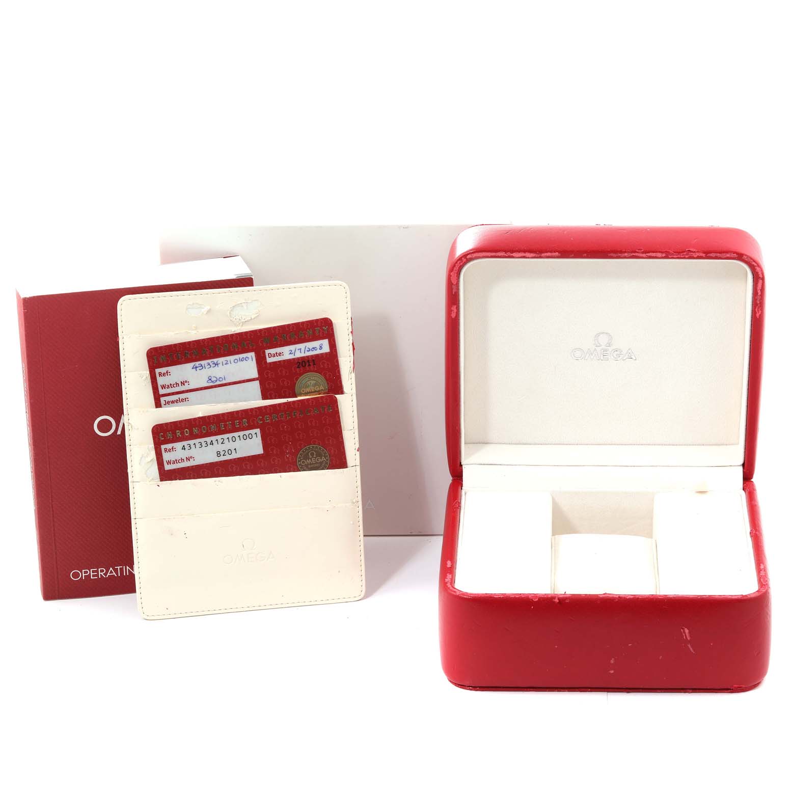 The image shows an Omega De Ville 431.33.41.21.01.001 Men's Stainless Steel Black Dial 431.33.41.21.01.001 Men's Stainless Steel Black Dial watch box, operating instructions, and warranty cards displayed at an angled view.