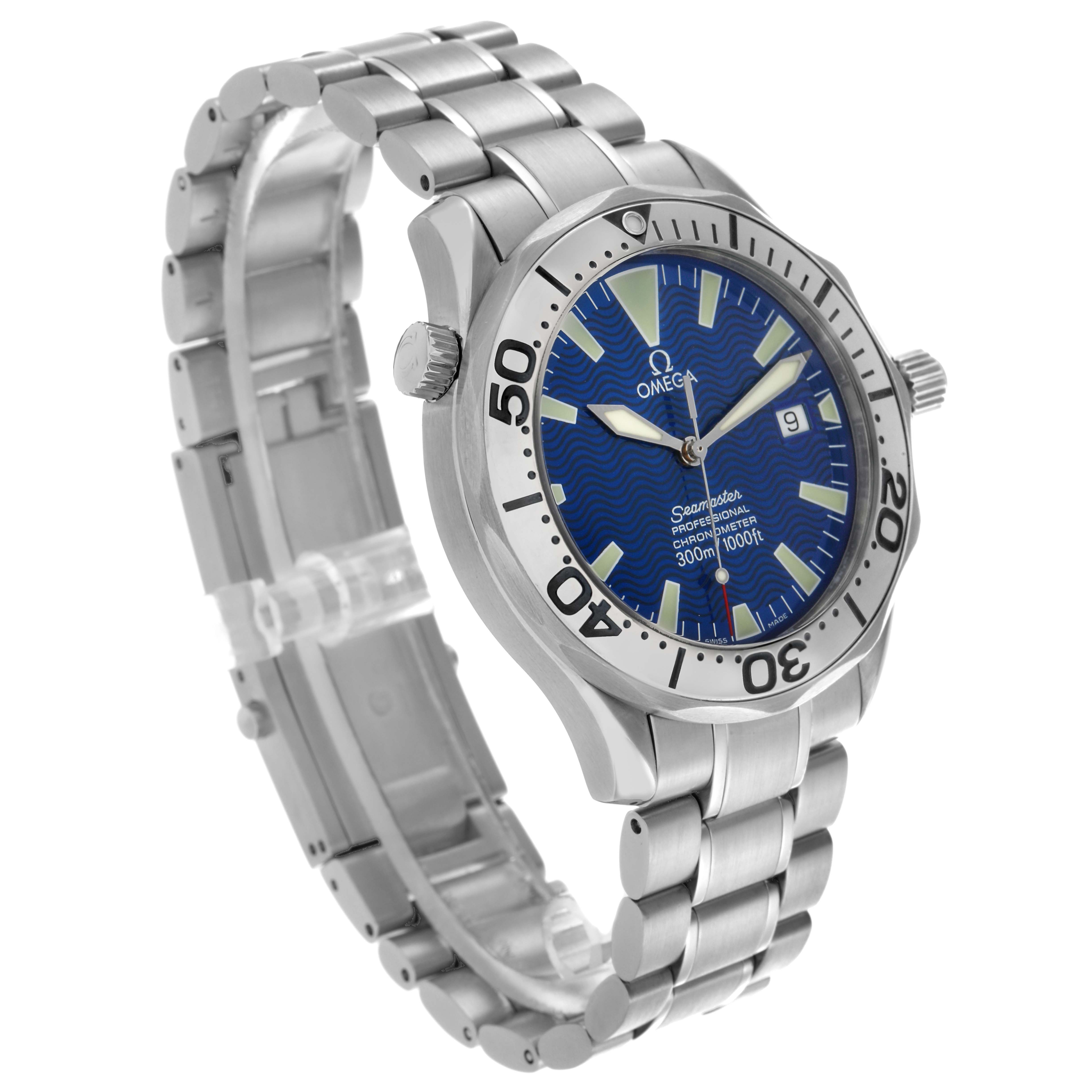 The Omega Seamaster 2255.80.00 Men
s Stainless Steel Blue Dial 2255.80.00 Men
s Stainless Steel Blue Dial watch is shown at a three-quarter angle, highlighting the blue dial, bezel, and stainless steel bracelet.