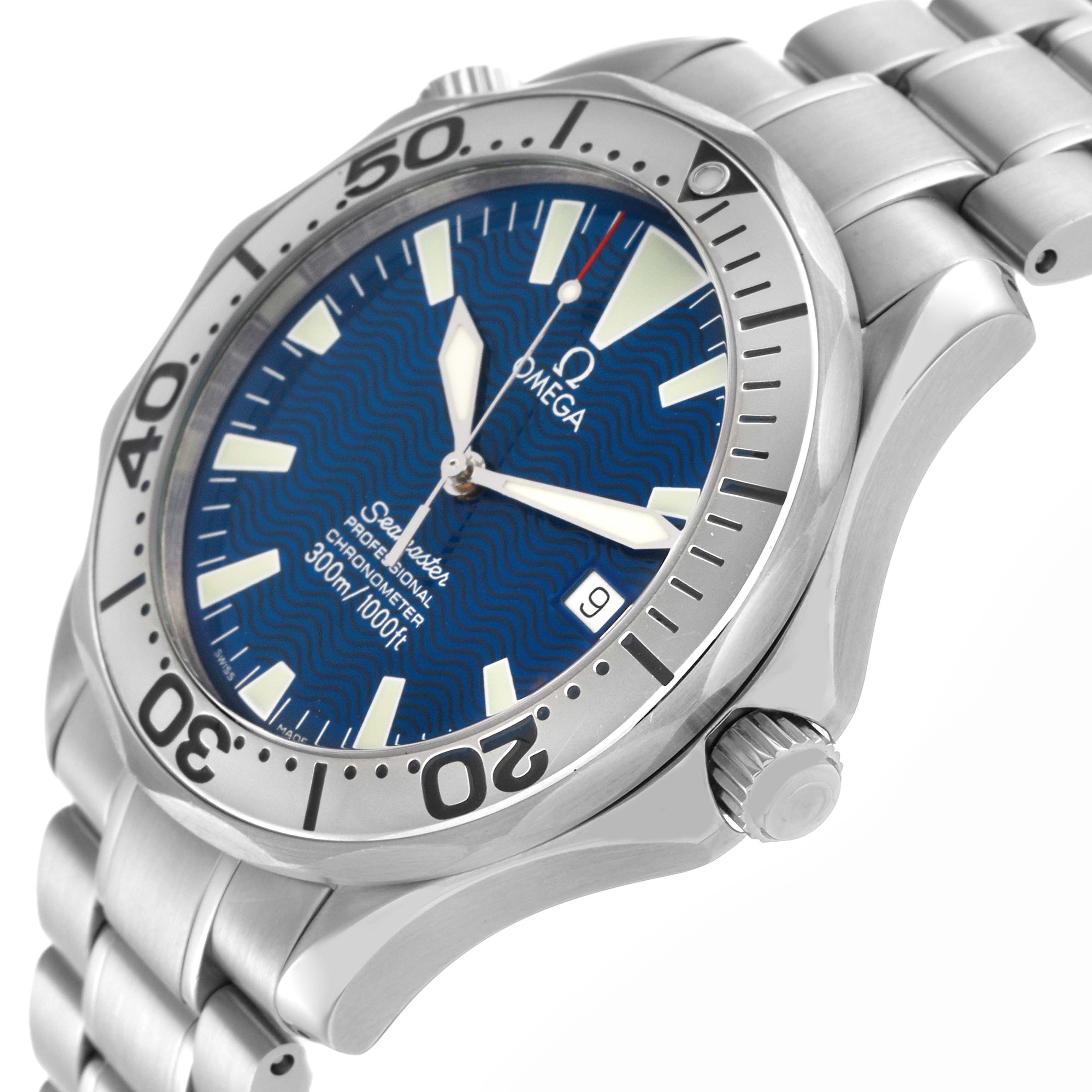 The image shows a side angle of the Omega Seamaster 2255.80.00 Men
s Stainless Steel Blue Dial 2255.80.00 Men
s Stainless Steel Blue Dial, highlighting the face, bezel, crown, and part of the bracelet.