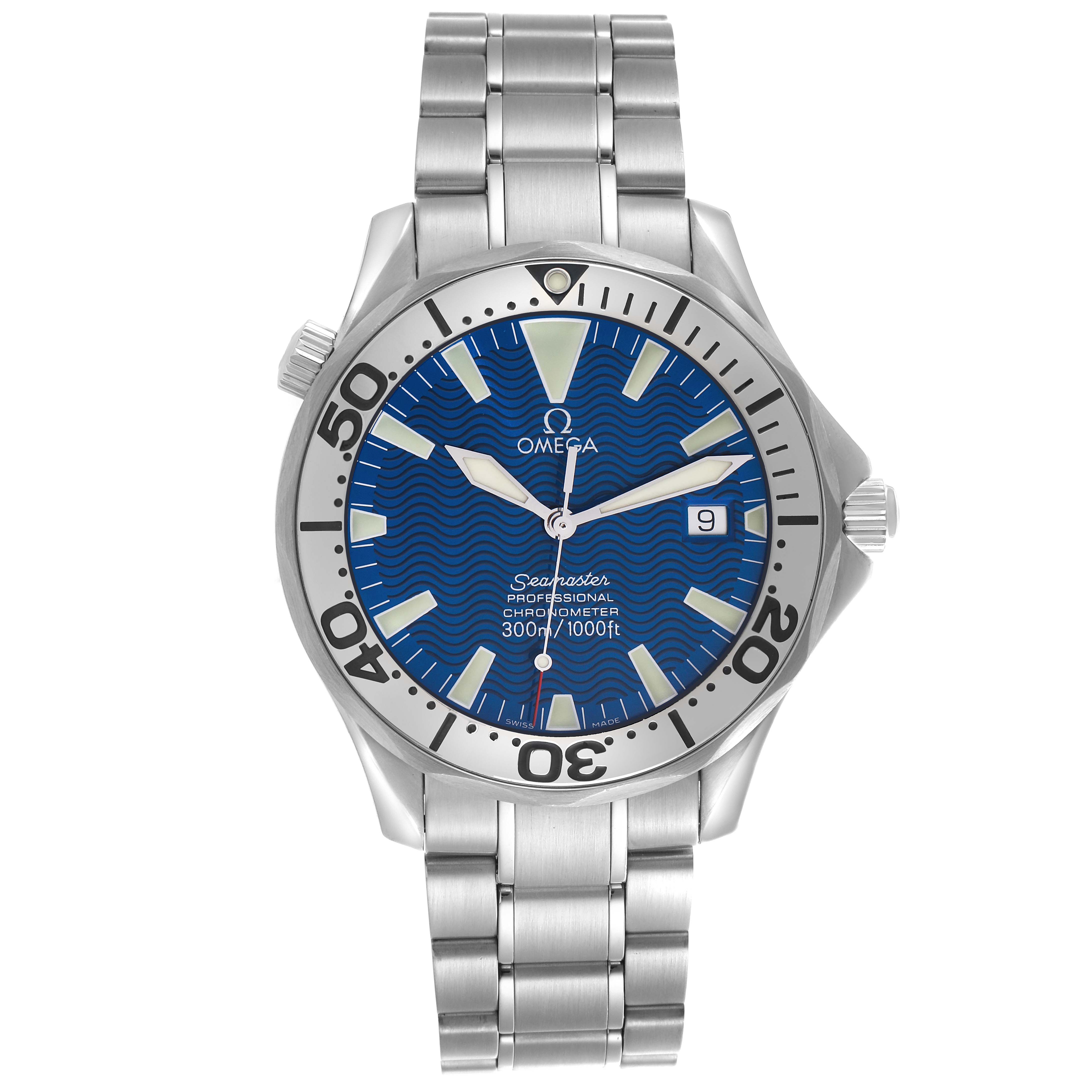 The Omega Seamaster 2255.80.00 Men
s Stainless Steel Blue Dial 2255.80.00 Men
s Stainless Steel Blue Dial watch is shown from the front, highlighting the blue dial, date window, and stainless steel bracelet.