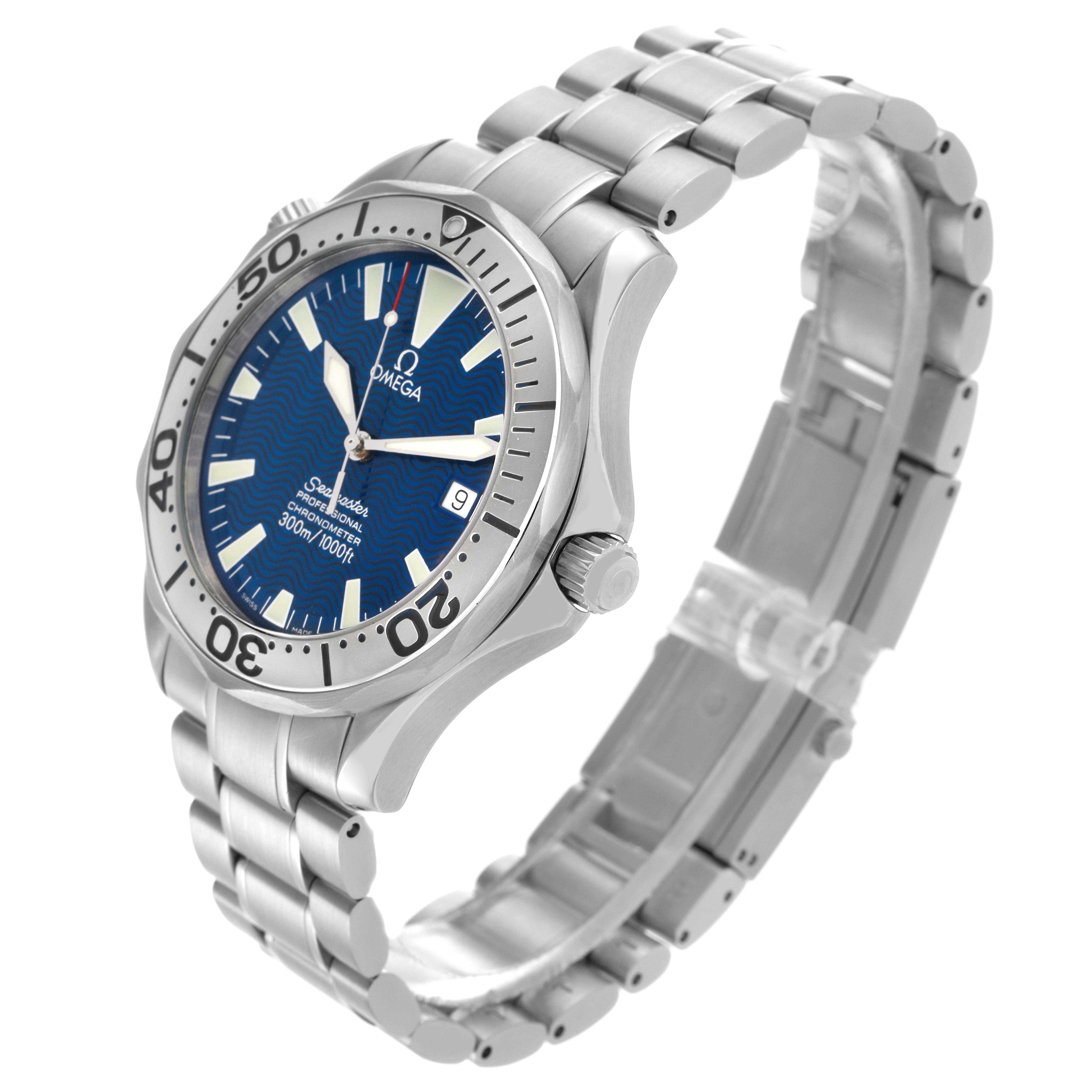 The Omega Seamaster 2255.80.00 Men
s Stainless Steel Blue Dial 2255.80.00 Men
s Stainless Steel Blue Dial watch is shown at a three-quarter angle, highlighting the blue dial, bezel, crown, and stainless steel bracelet.