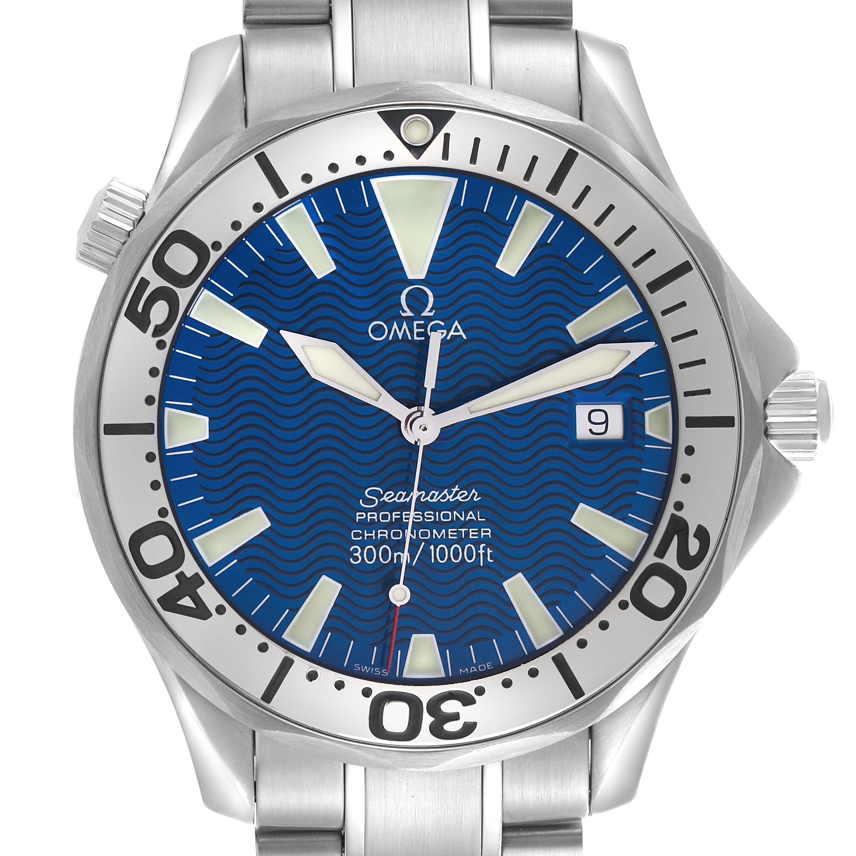 The Omega Seamaster 2255.80.00 Men
s Stainless Steel Blue Dial 2255.80.00 Men
s Stainless Steel Blue Dial watch is shown from a front view, highlighting the dial, bezel, and bracelet.
