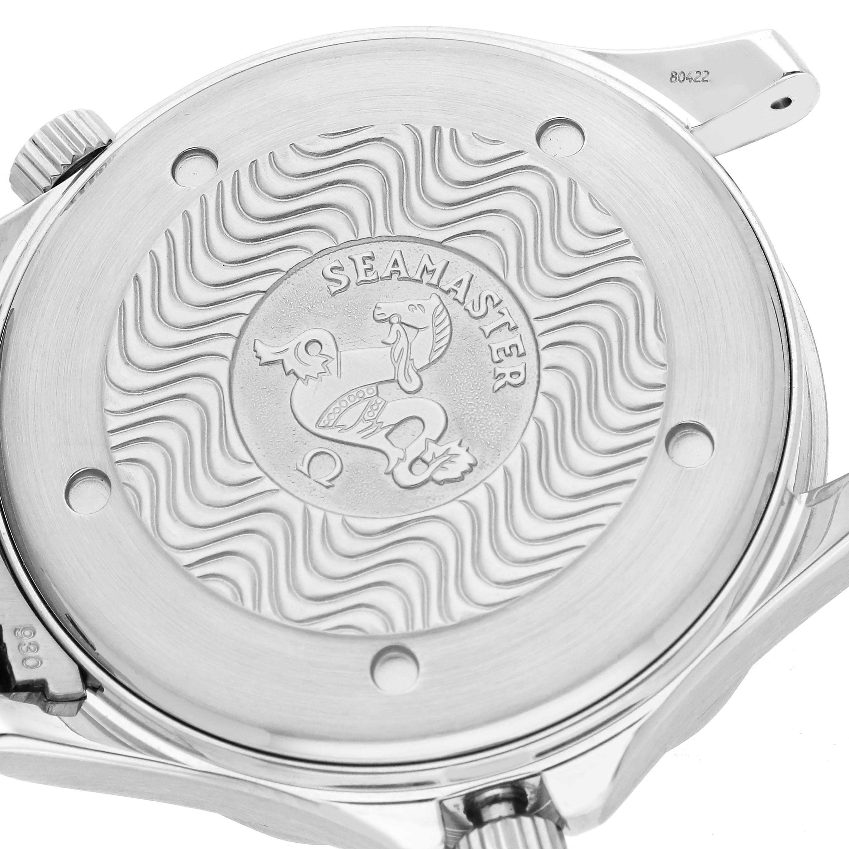 The image shows the case back of an Omega Seamaster 2255.80.00 Men
s Stainless Steel Blue Dial 2255.80.00 Men
s Stainless Steel Blue Dial watch with the engraved logo and wave pattern.