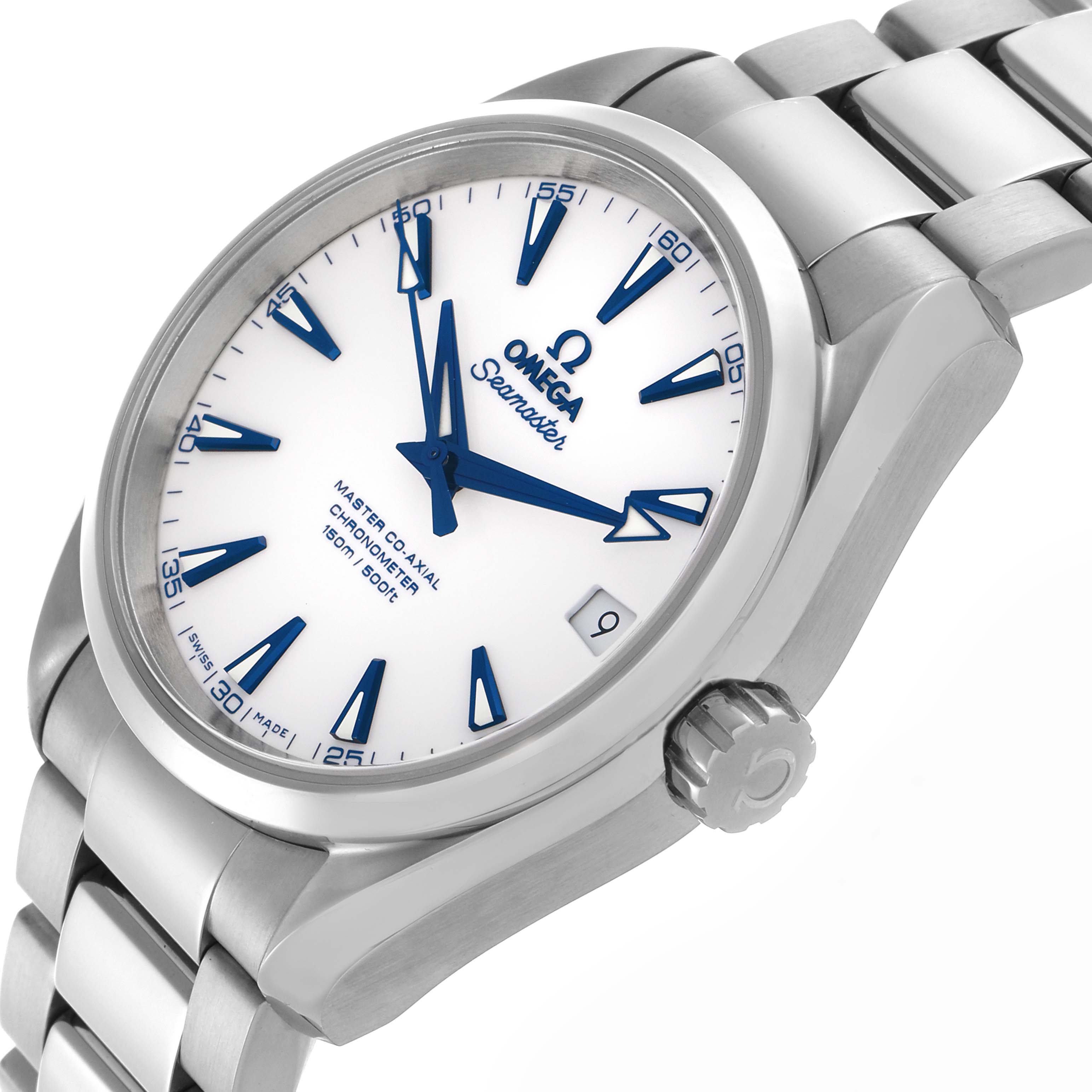 The Omega Aqua Terra 231.90.39.21.04.001 Men's Titanium White Dial 231.90.39.21.04.001 Men's Titanium White Dial watch is shown at a slight angle, displaying the face, hands, date, crown, and part of the bracelet.