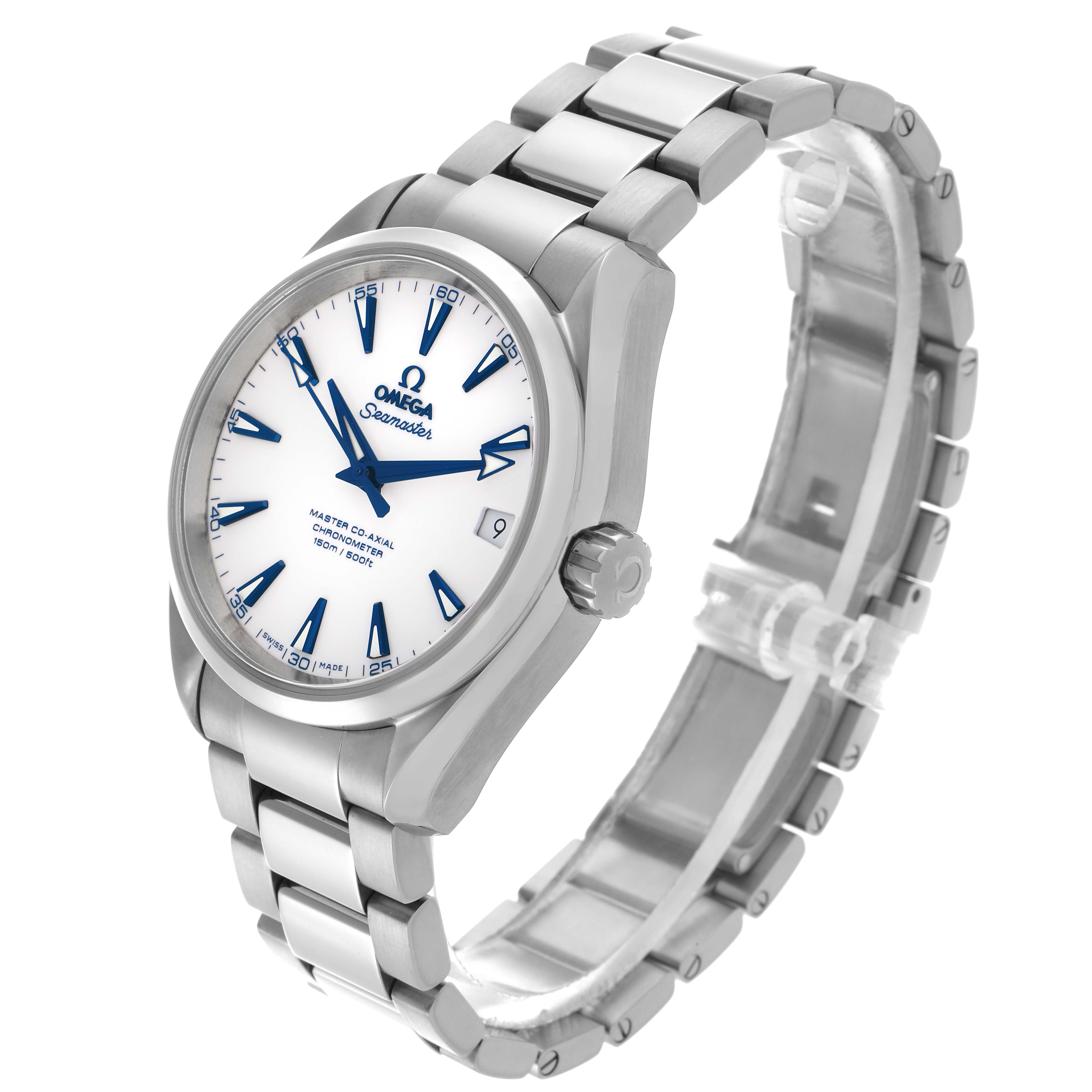 The Omega Aqua Terra 231.90.39.21.04.001 Men's Titanium White Dial 231.90.39.21.04.001 Men's Titanium White Dial watch is shown in a three-quarter angle, highlighting the face, bezel, crown, and bracelet.