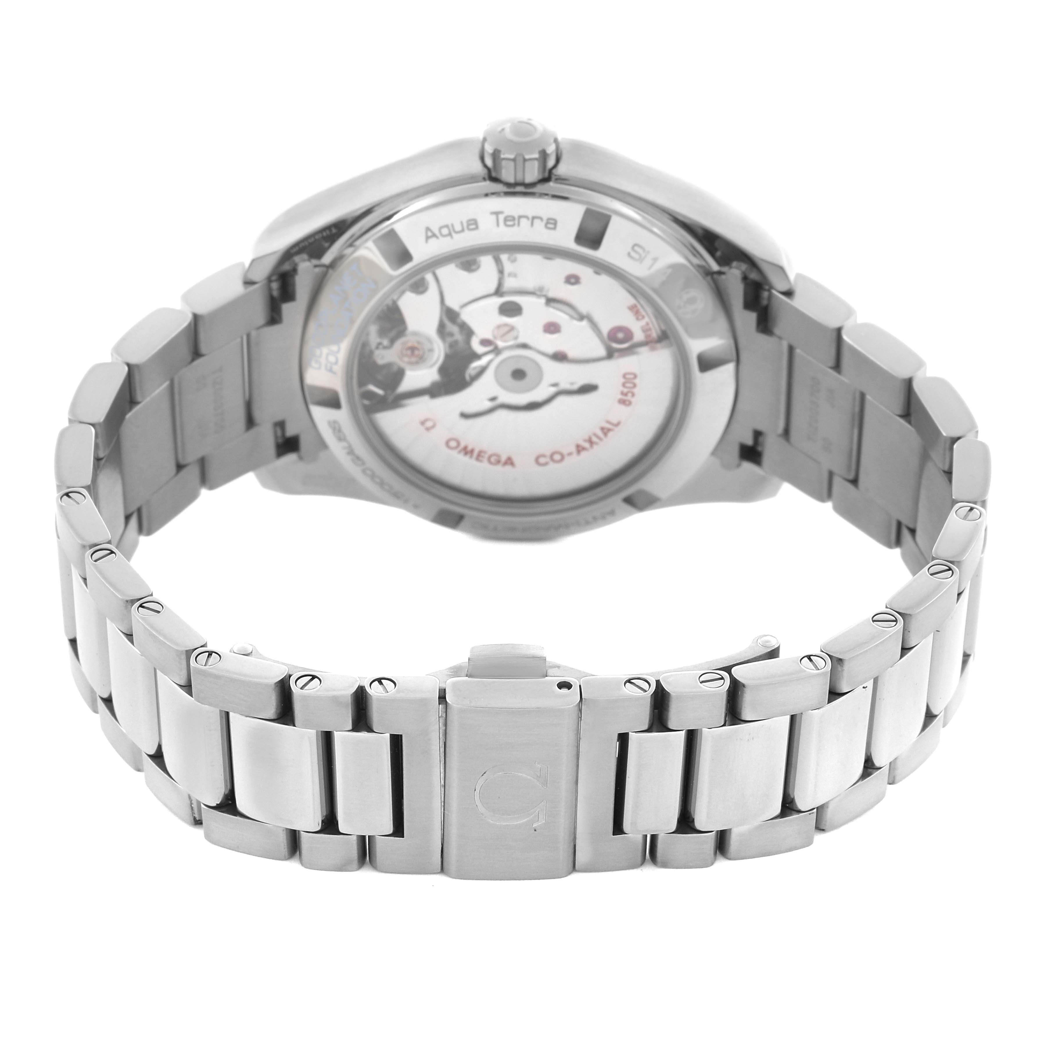 The image shows the back of the Omega Aqua Terra 231.90.39.21.04.001 Men's Titanium White Dial 231.90.39.21.04.001 Men's Titanium White Dial watch, highlighting the movement and bracelet with a view of the clasp.