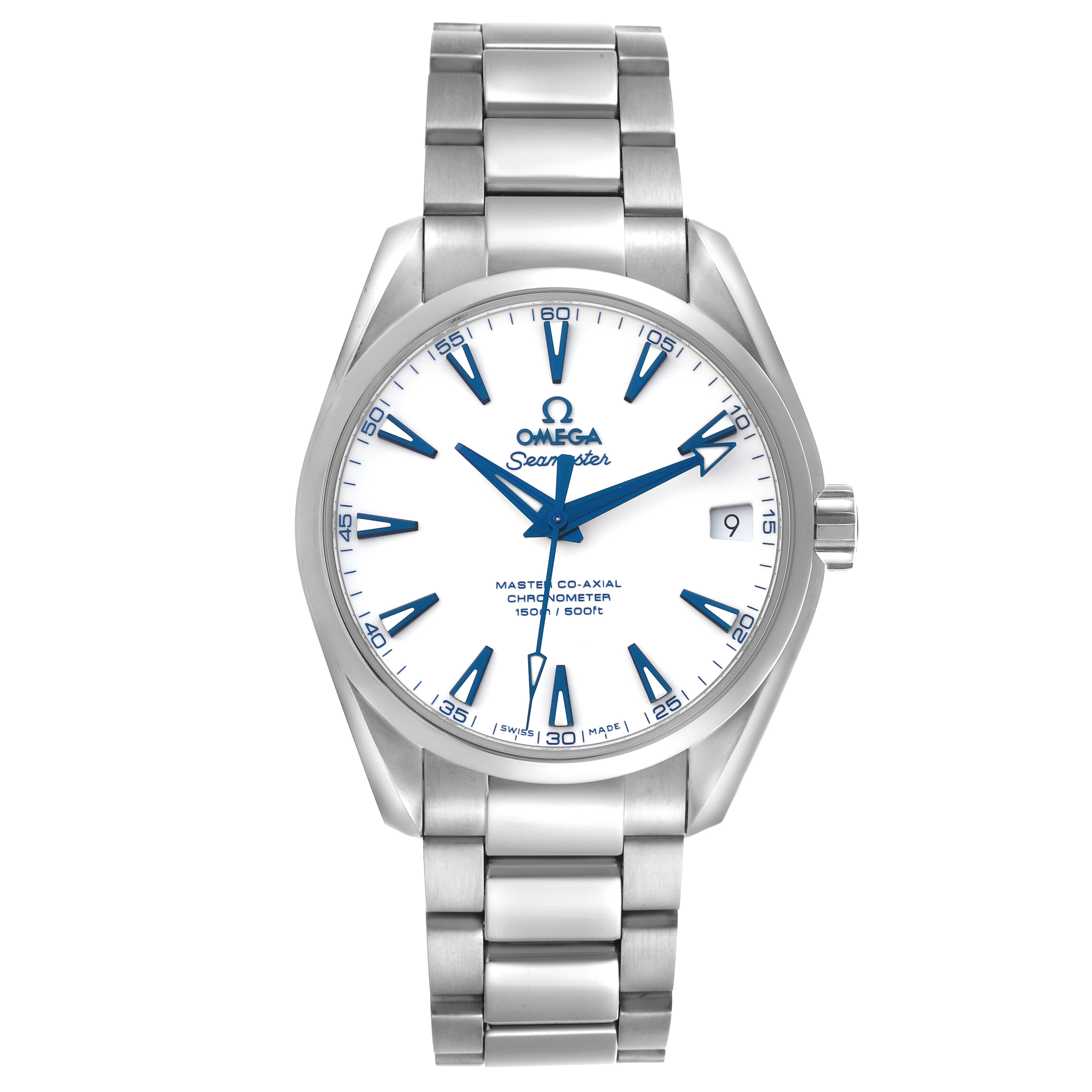 The Omega Aqua Terra 231.90.39.21.04.001 Men's Titanium White Dial 231.90.39.21.04.001 Men's Titanium White Dial watch is shown from a front angle, featuring the face, dial, hands, and metal bracelet.