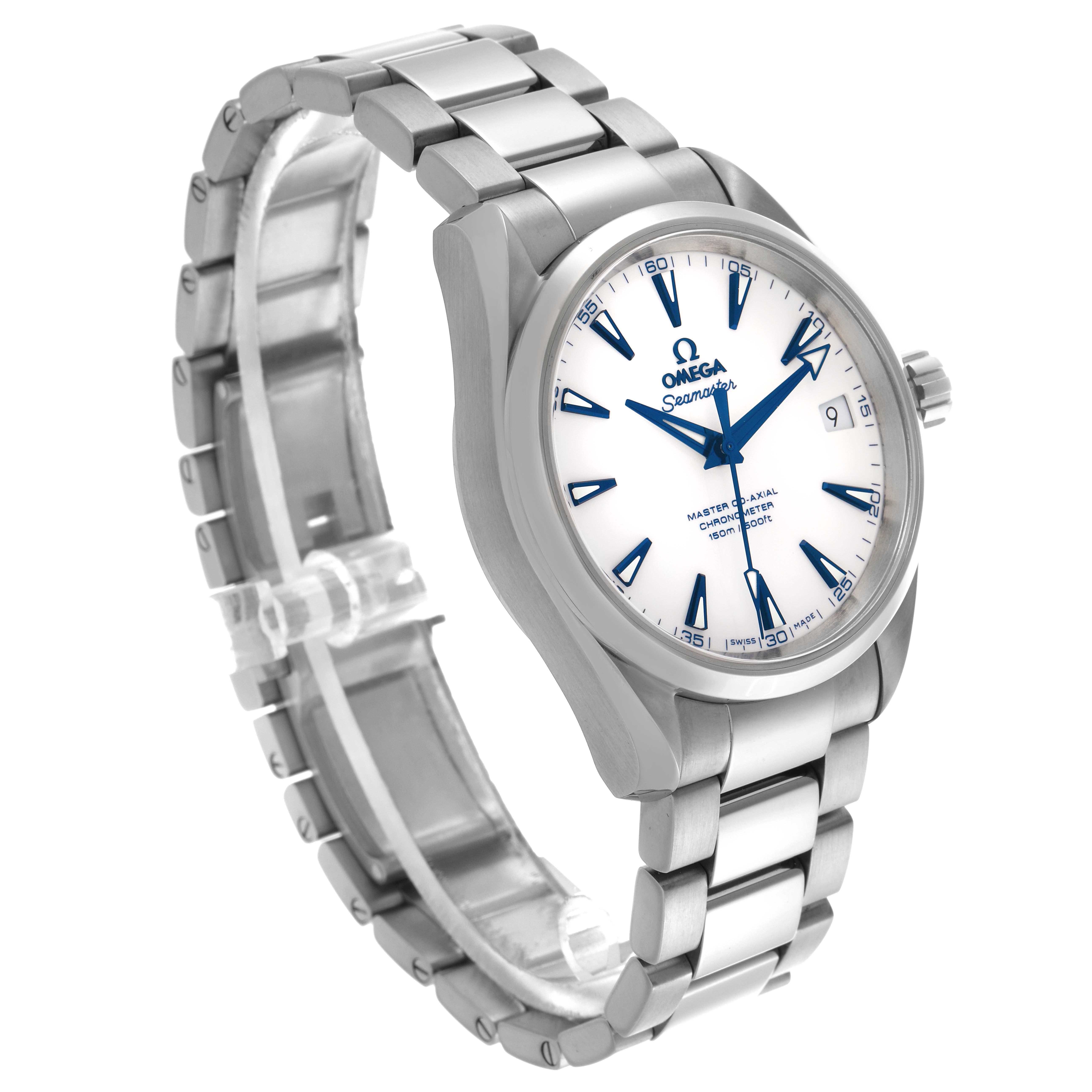 The Omega Aqua Terra 231.90.39.21.04.001 Men's Titanium White Dial 231.90.39.21.04.001 Men's Titanium White Dial watch is shown at a three-quarter angle highlighting the face, stainless steel bracelet, and crown.