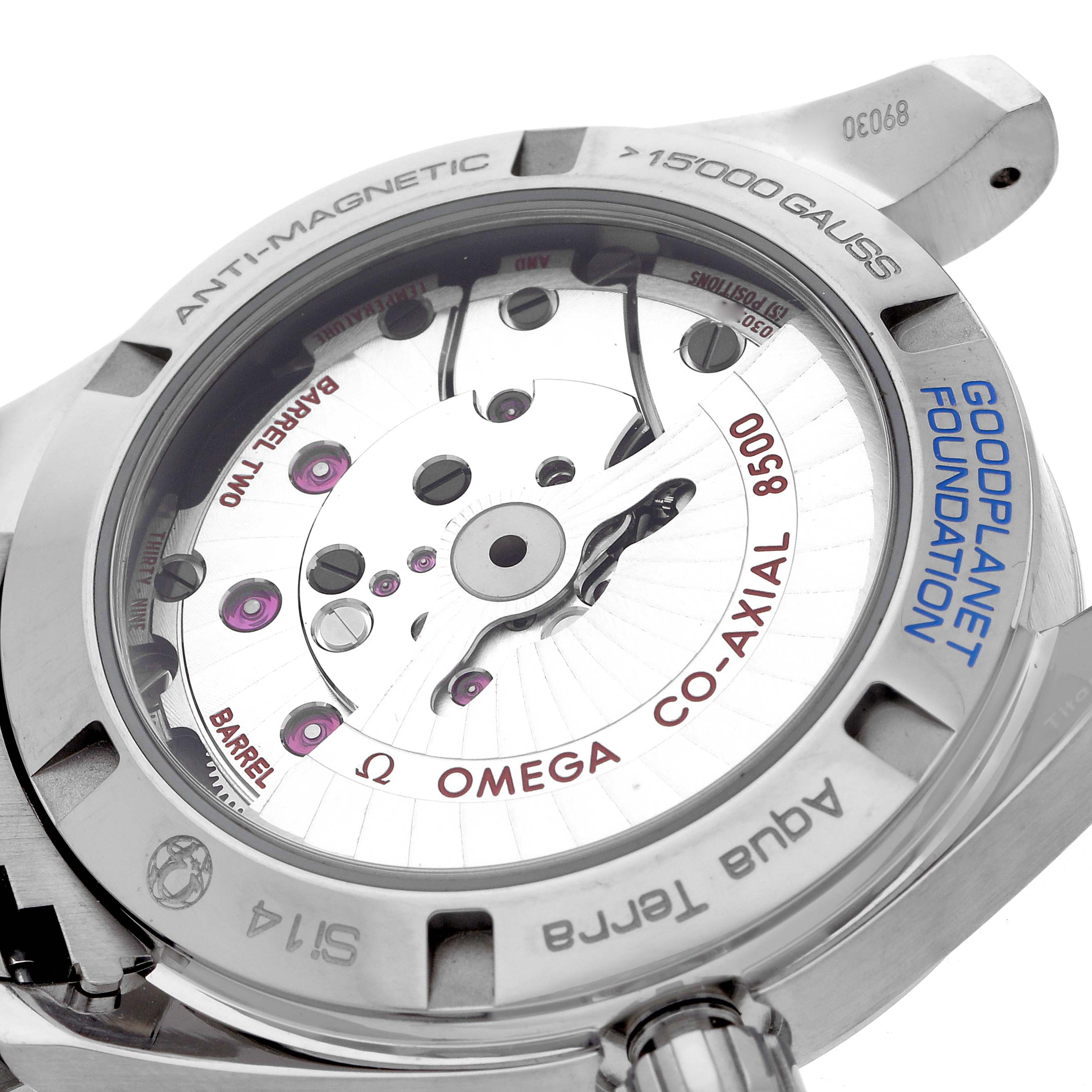 The image shows the back of the Omega Aqua Terra 231.90.39.21.04.001 Men's Titanium White Dial 231.90.39.21.04.001 Men's Titanium White Dial watch, highlighting the movement and casing details.