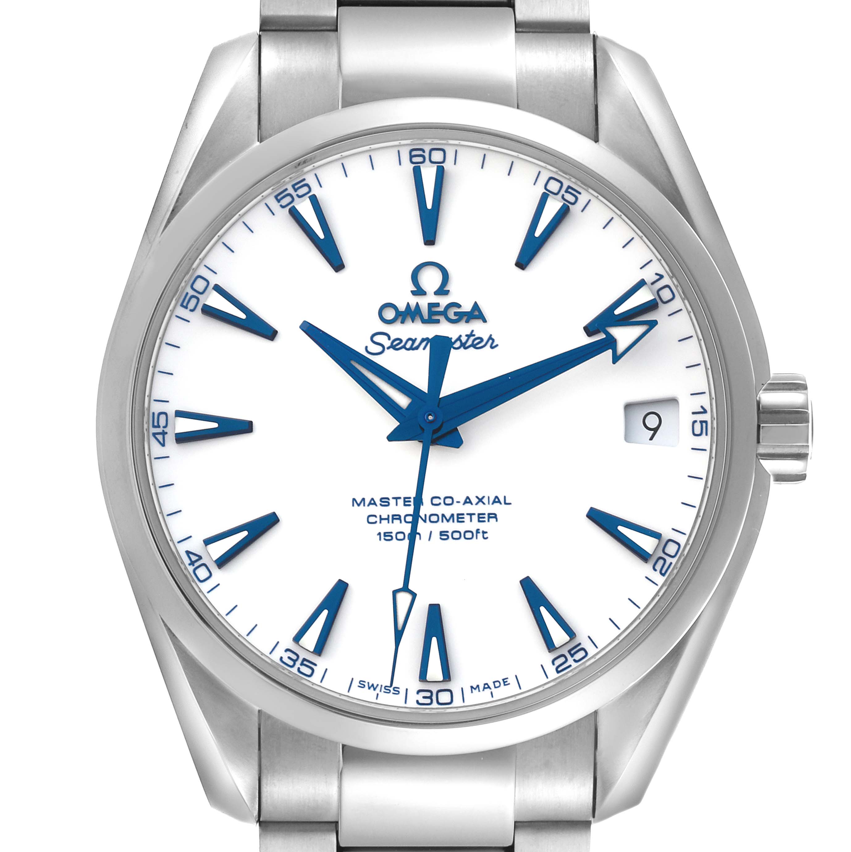 The Omega Aqua Terra 231.90.39.21.04.001 Men's Titanium White Dial 231.90.39.21.04.001 Men's Titanium White Dial watch is shown from the front, highlighting the dial, hands, bezel, and crown.