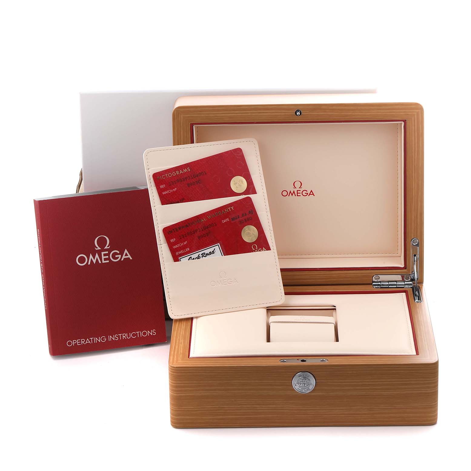 The image shows an Omega Aqua Terra 231.90.39.21.04.001 Men's Titanium White Dial 231.90.39.21.04.001 Men's Titanium White Dial watch box, warranty cards, and operating instructions at an angle.