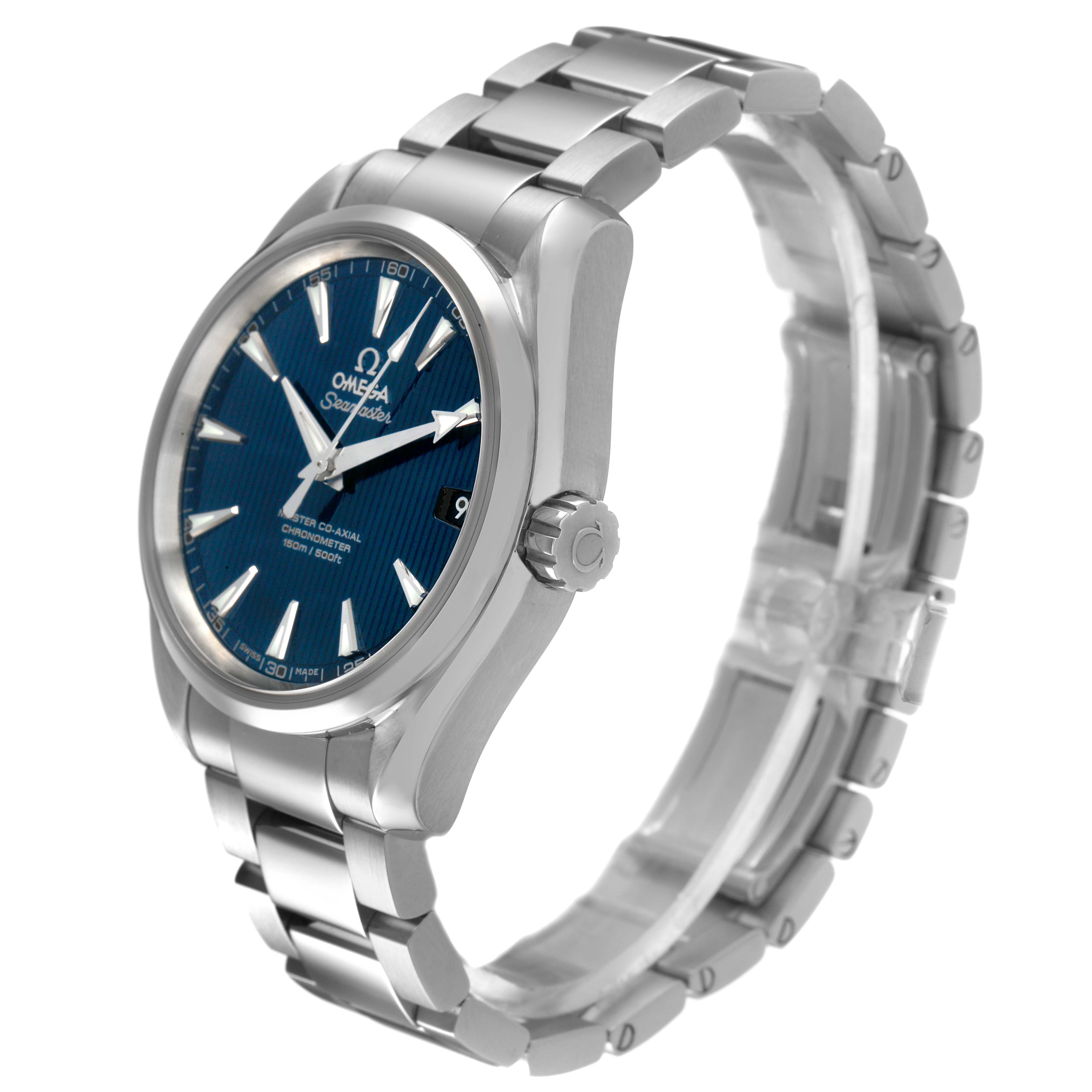 The Omega Aqua Terra 231.10.39.21.03.002 Men's Stainless Steel Blue Dial watch is shown at a 3/4 angle, highlighting the blue dial, silver case, crown, and metal bracelet.