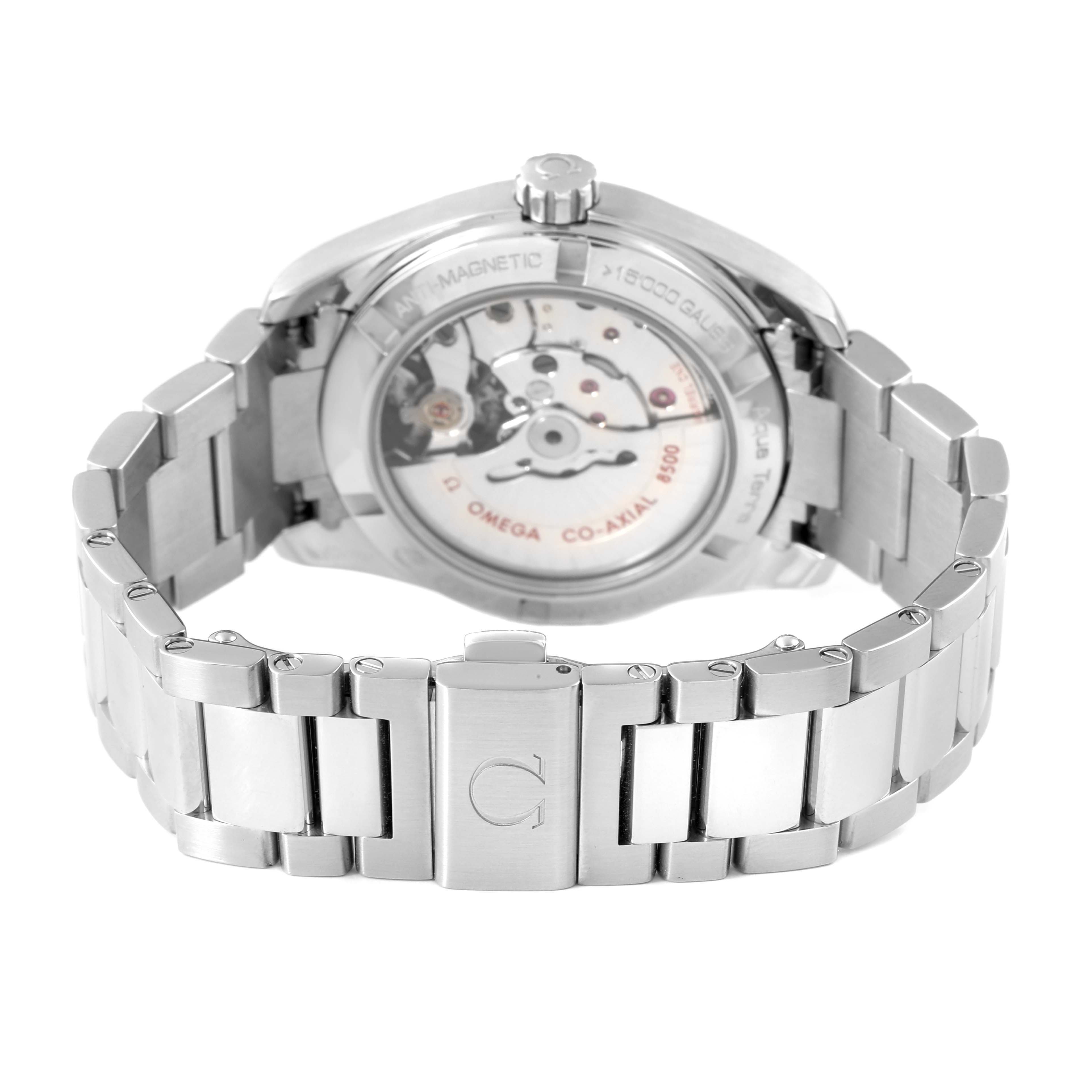 The image shows the back view of the Omega Aqua Terra 231.10.39.21.03.002 Men's Stainless Steel Blue Dial watch, highlighting the transparent case back and metal bracelet.