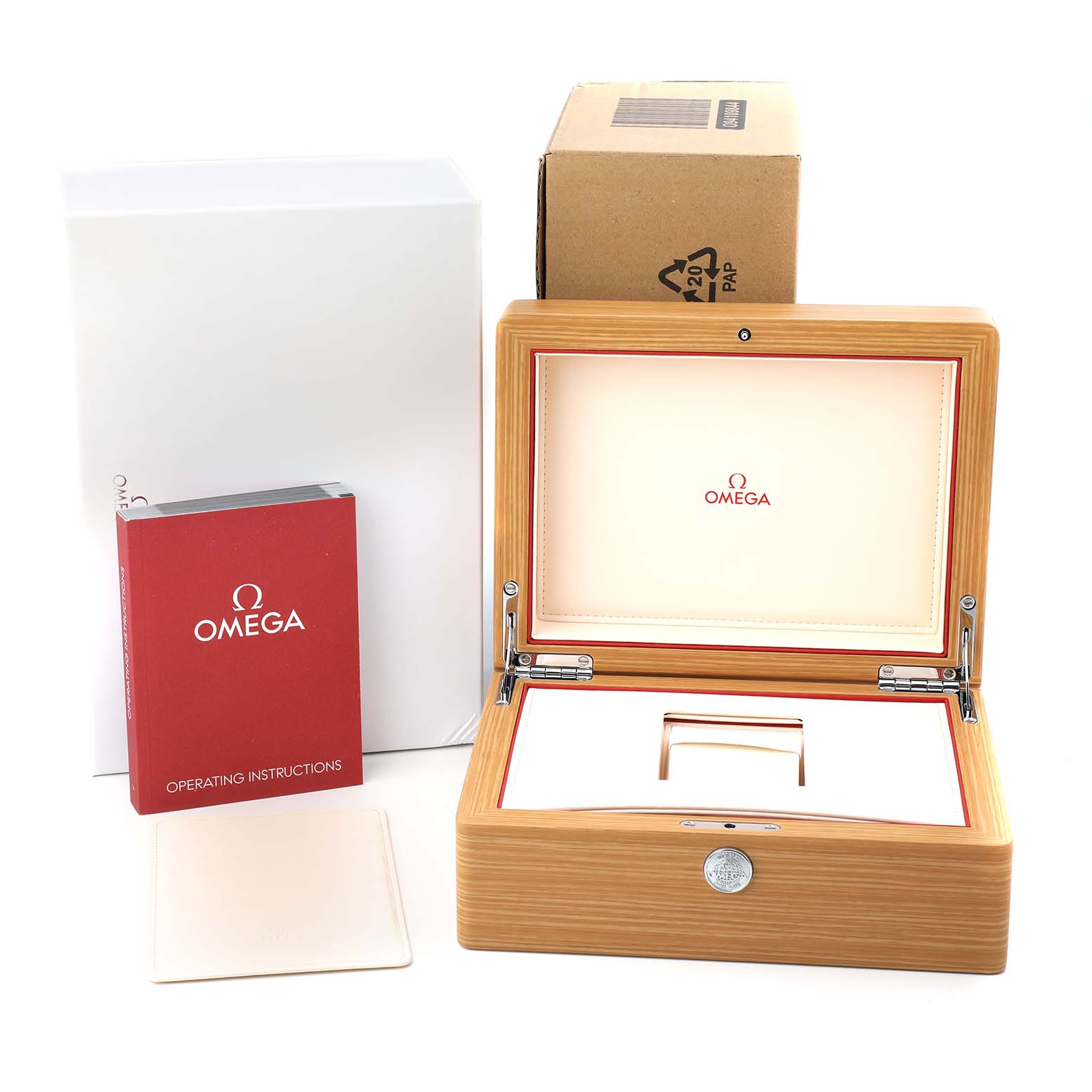 The image shows the open wooden box for the Omega Aqua Terra 231.10.39.21.03.002 Men's Stainless Steel Blue Dial watch, along with a manual and outer packaging.