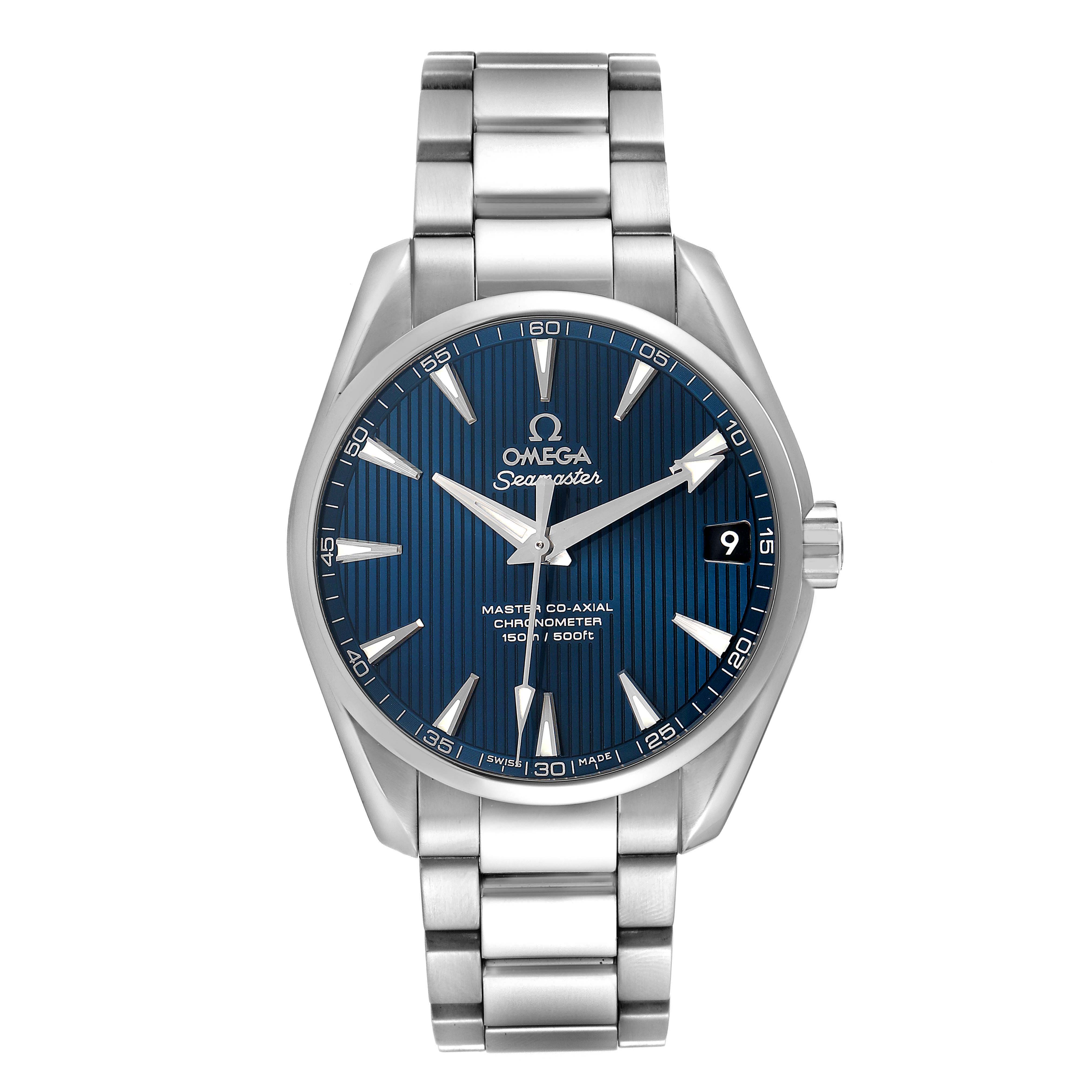 The Omega Aqua Terra 231.10.39.21.03.002 Men's Stainless Steel Blue Dial watch is shown from a front angle, highlighting the dial, case, and bracelet.