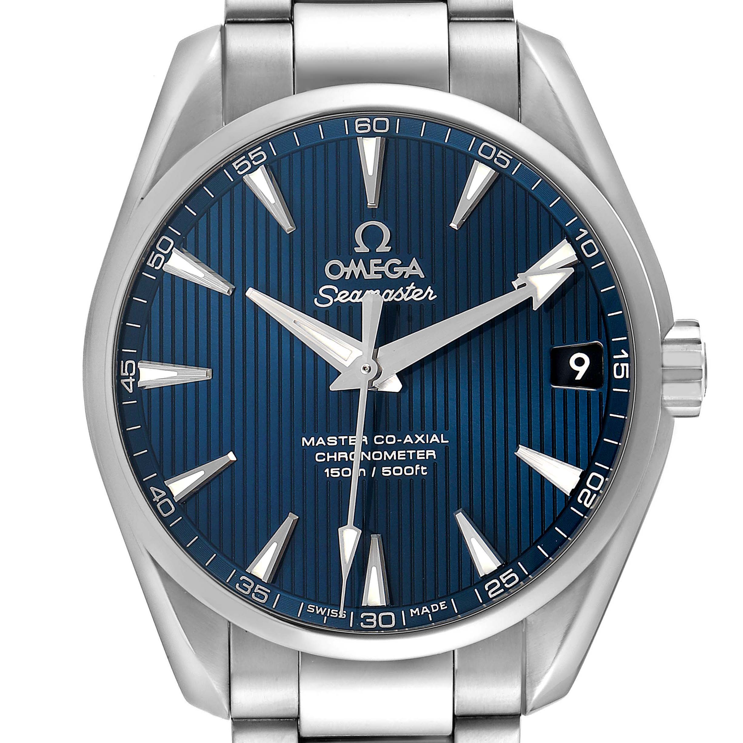 The Omega Aqua Terra 231.10.39.21.03.002 Men's Stainless Steel Blue Dial watch is shown from the front, highlighting its blue dial, hour markers, hands, and date window.