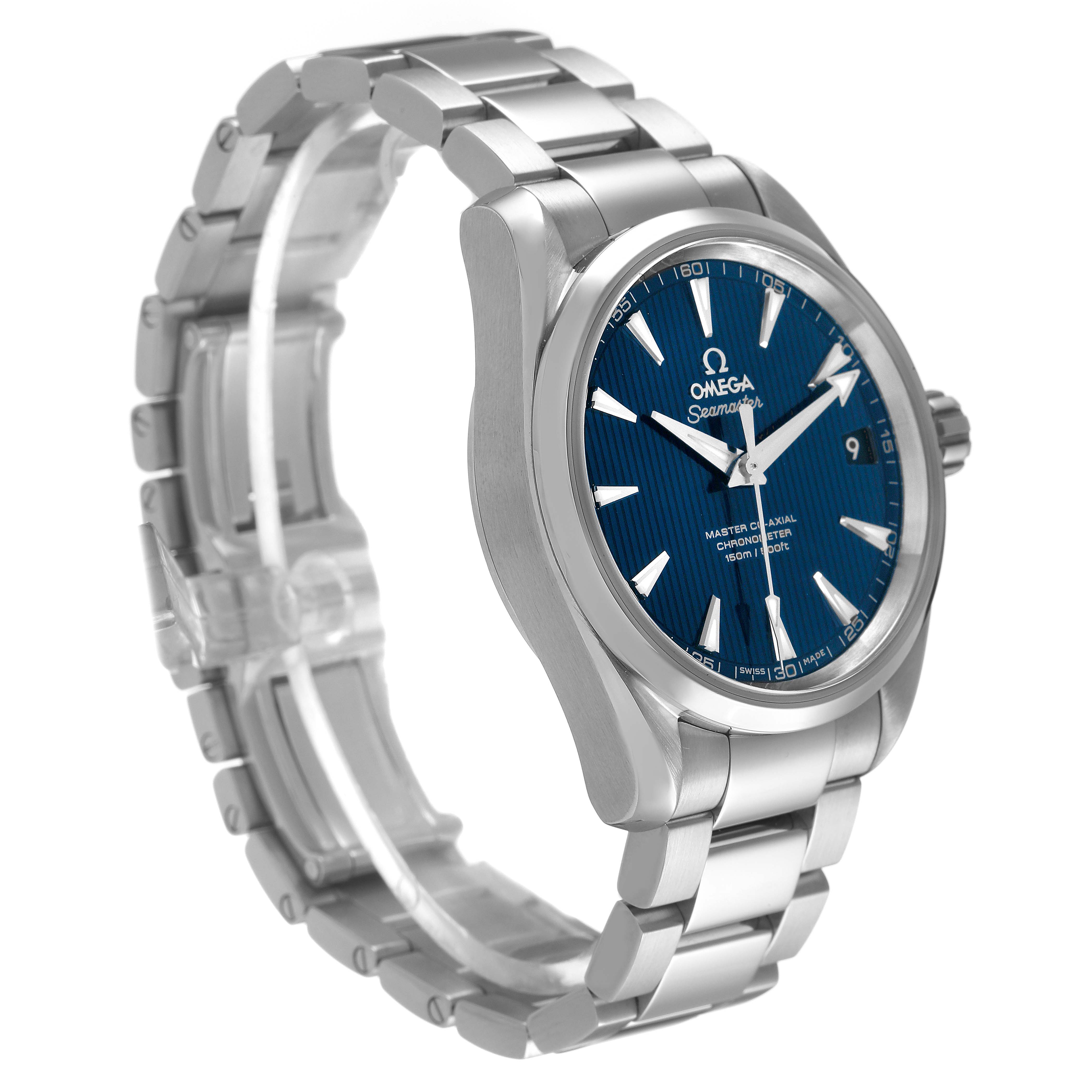 The Omega Aqua Terra 231.10.39.21.03.002 Men's Stainless Steel Blue Dial watch is shown at a three-quarter angle, highlighting the blue dial, bezel, and metal bracelet.