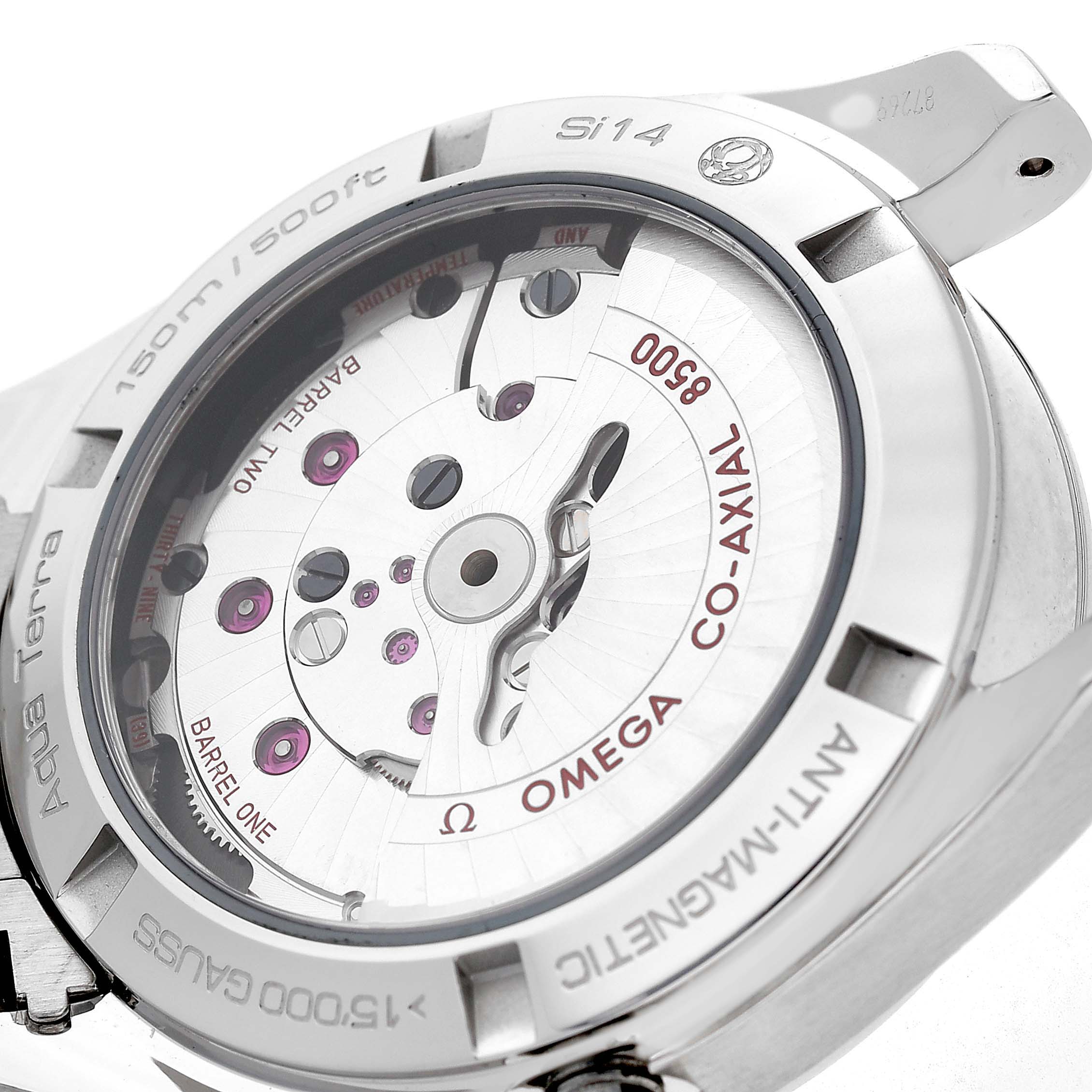 The image shows the back view of the Omega Aqua Terra 231.10.39.21.03.002 Men's Stainless Steel Blue Dial watch, highlighting its Co-Axial movement mechanism.