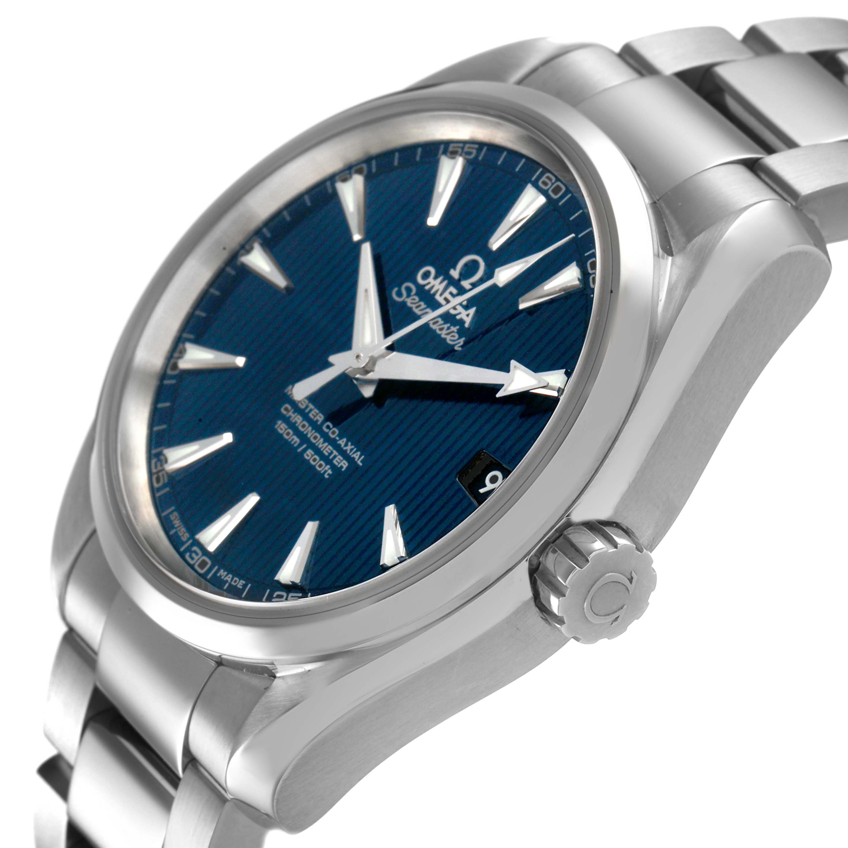 The Omega Aqua Terra 231.10.39.21.03.002 Men's Stainless Steel Blue Dial watch is shown at a three-quarter angle, displaying the face, bezel, crown, and part of the bracelet.