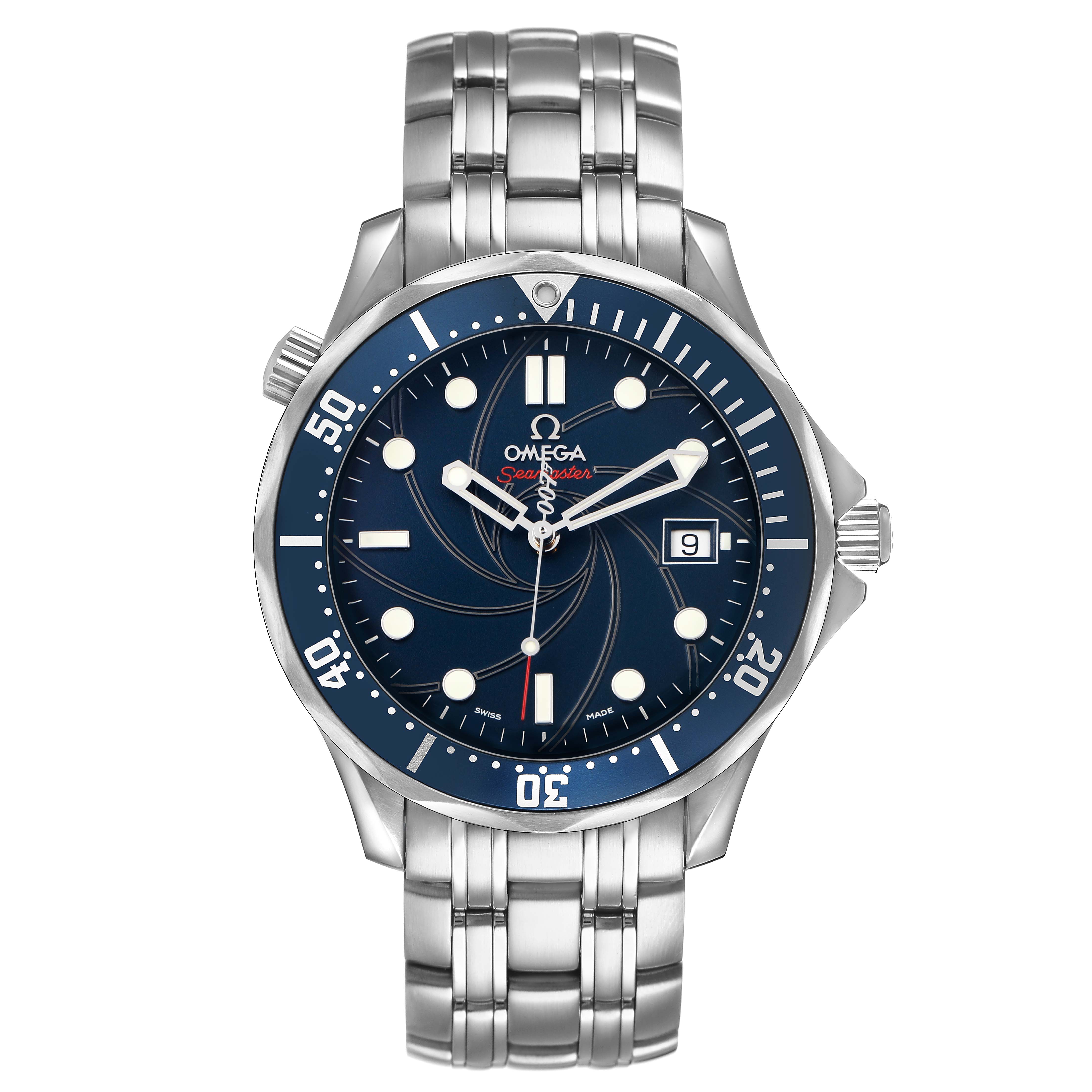 This Omega Seamaster 2226.80.00 Men's Stainless Steel Blue Dial model is shown from a front angle, highlighting the face, bezel, crown, and metal bracelet.