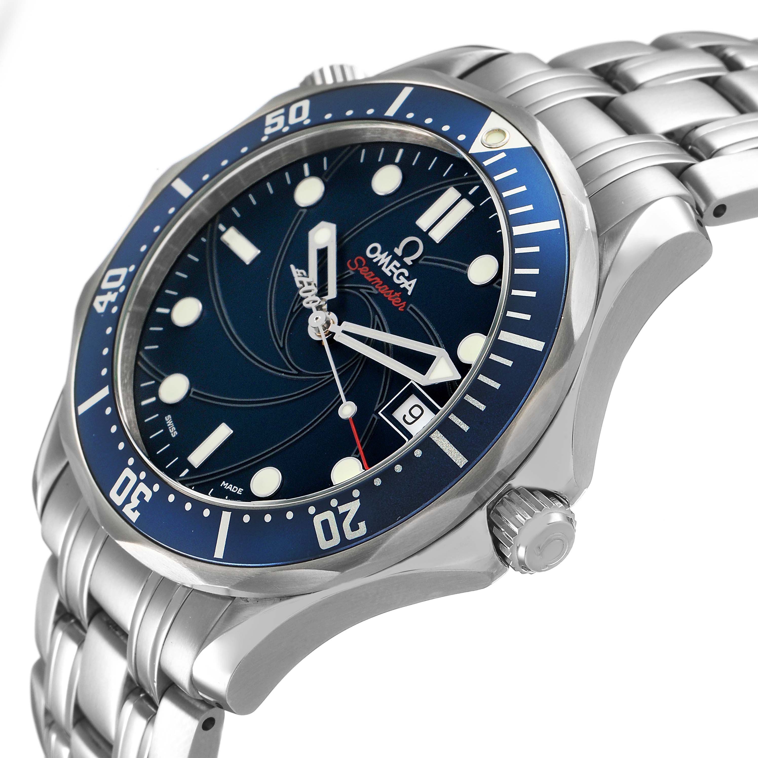 The Omega Seamaster 2226.80.00 Men's Stainless Steel Blue Dial watch is shown at a side angle, highlighting the dial, bezel, crown, and part of the bracelet.