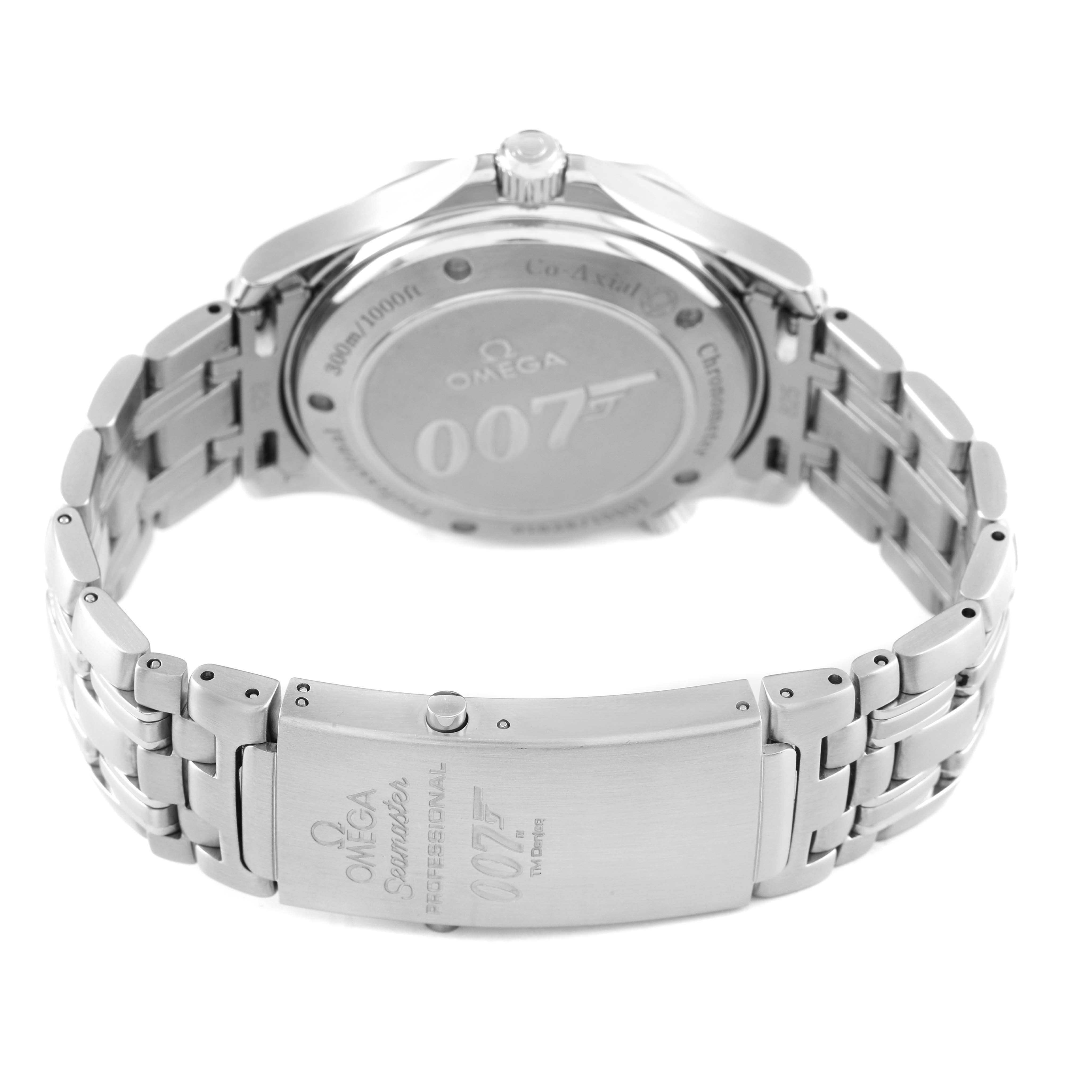 The Omega Seamaster 2226.80.00 Men's Stainless Steel Blue Dial watch is shown from the rear with the bracelet and clasp visible, highlighting the "007" engraving.