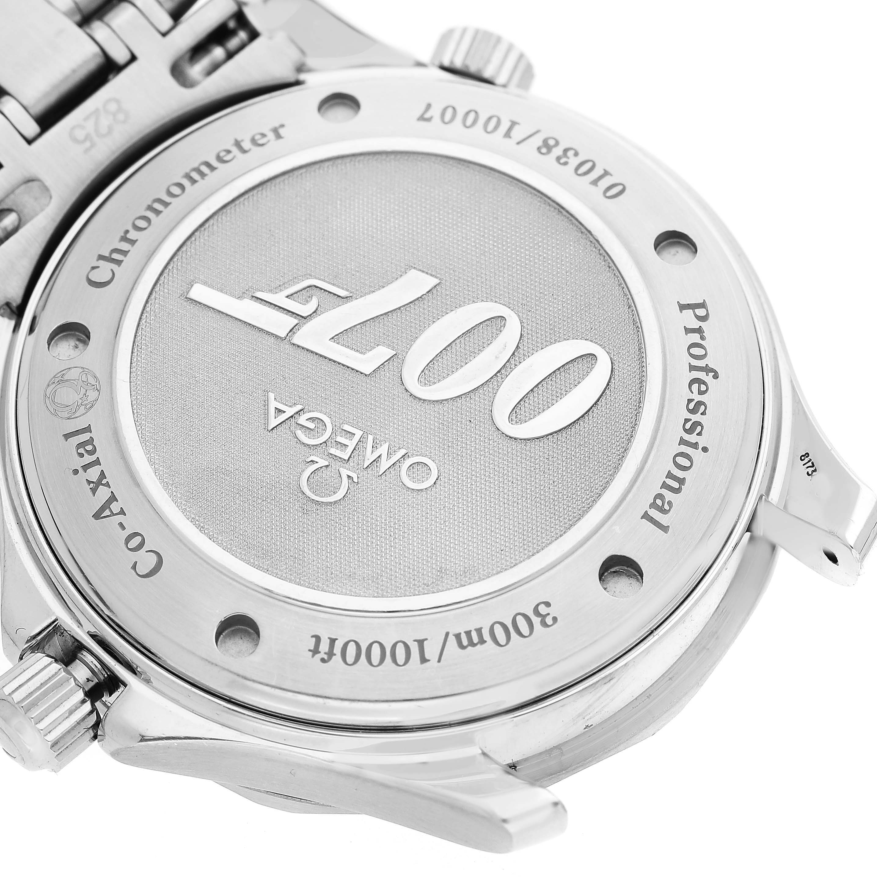 The image shows the case back of an Omega Seamaster 2226.80.00 Men's Stainless Steel Blue Dial watch, featuring engraved details and a crown.